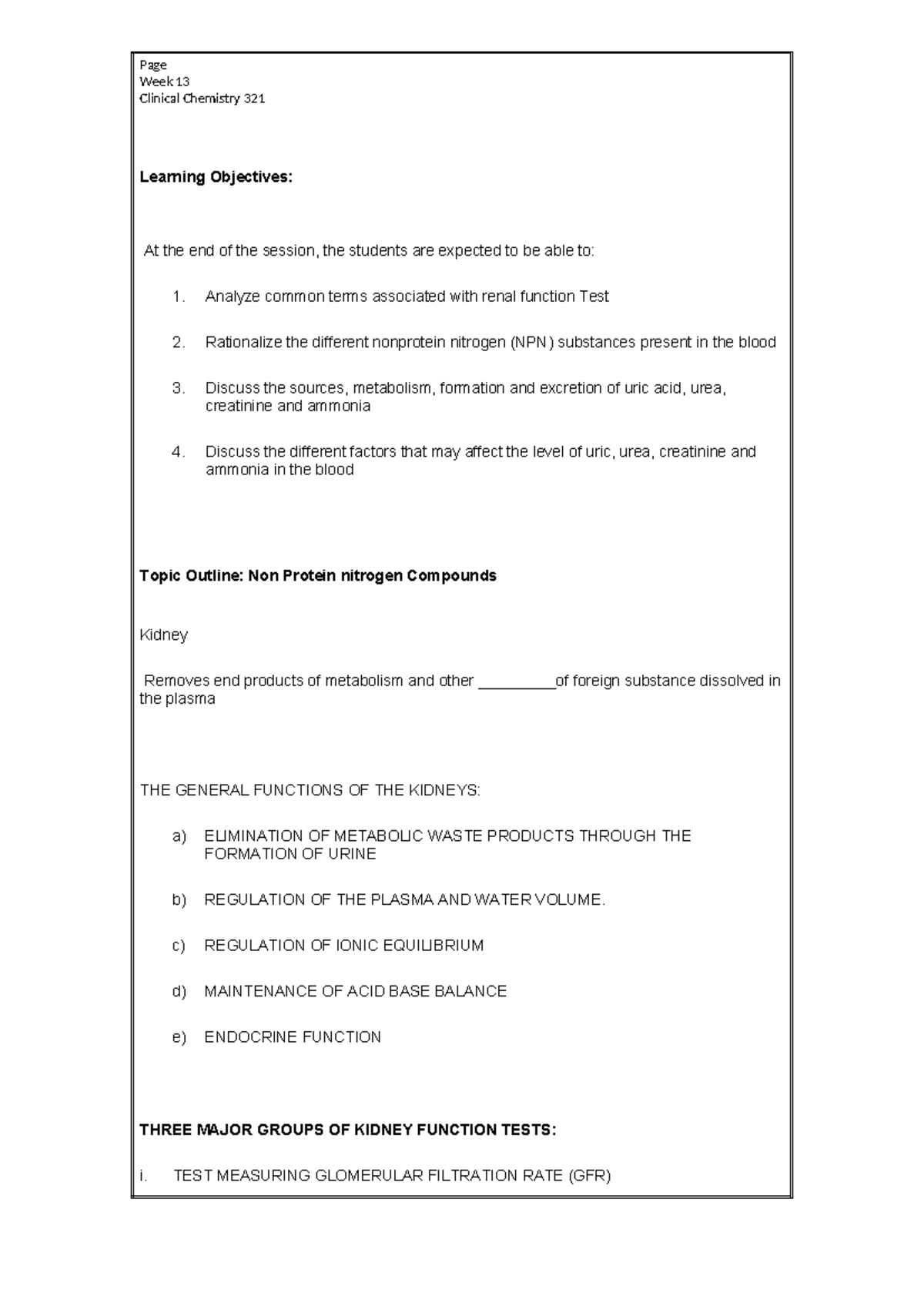 CCHM 321 Week 15 Clinical Chemistry Learning Objectives and Discussion ...
