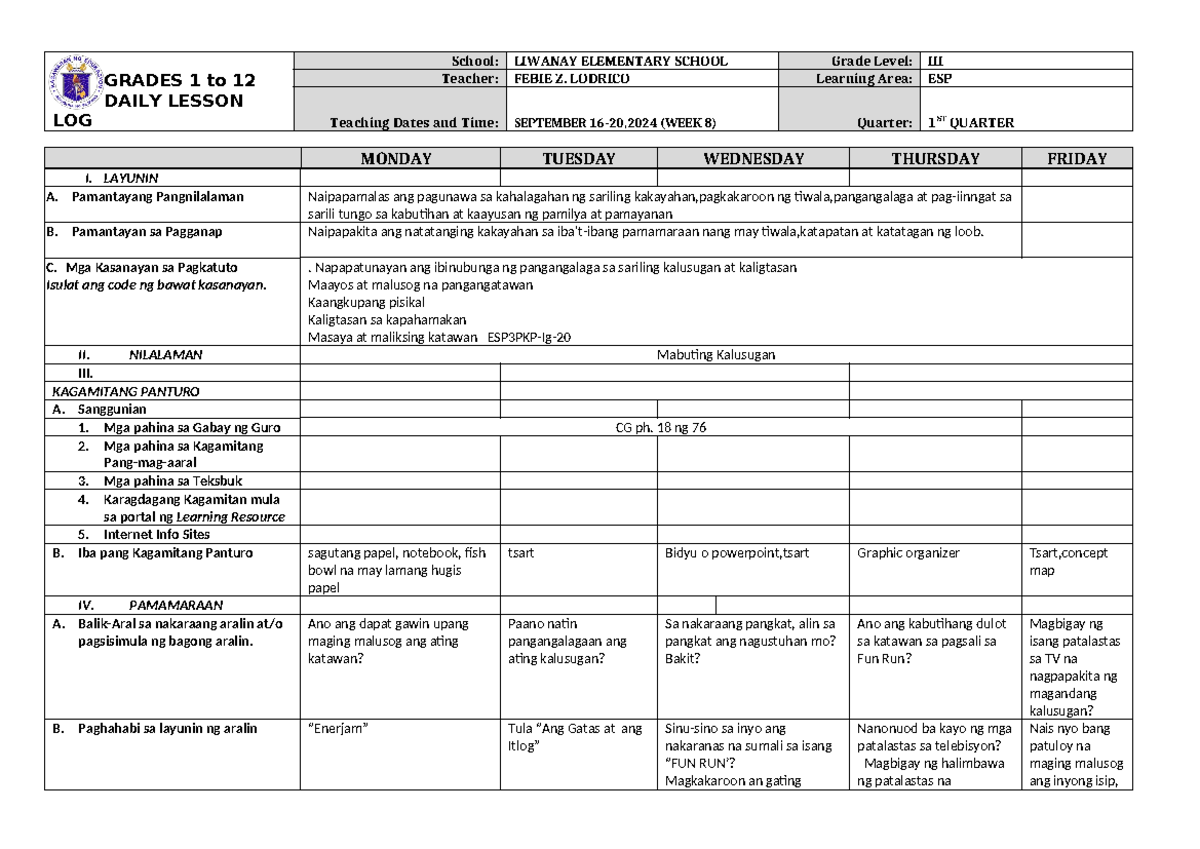 DLL ESP 3 DAILY LESSON PLAN - GRADES 1 to 12 DAILY LESSON LOG School ...