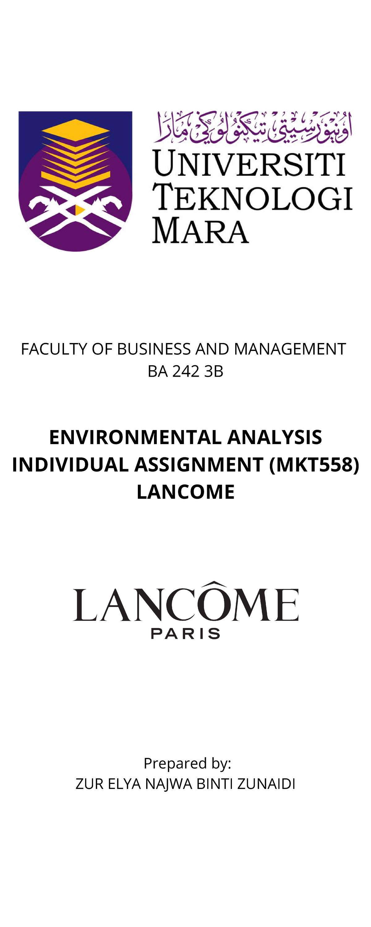 MKT558 Individual Assignment: Environmental Analysis of Lancome - Studocu