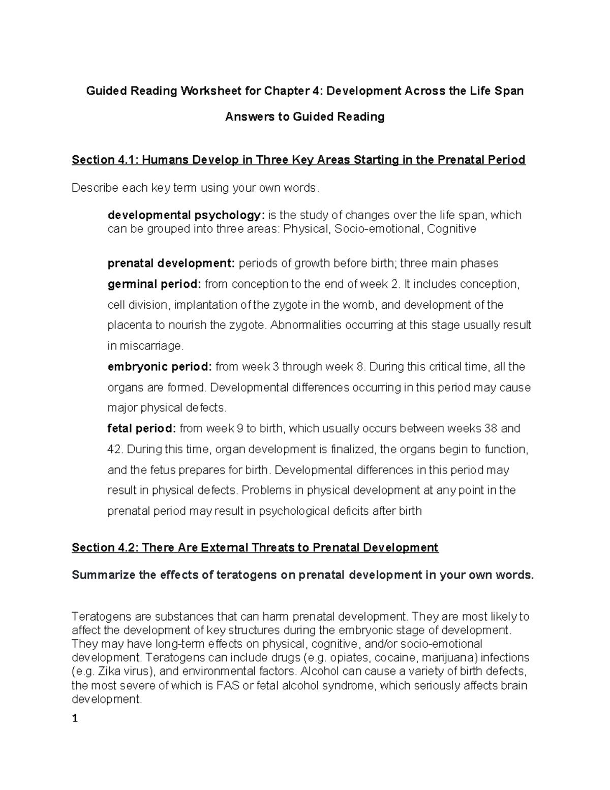 Guided Reading Worksheet: Development Across the Life Span (Chapter 4 ...