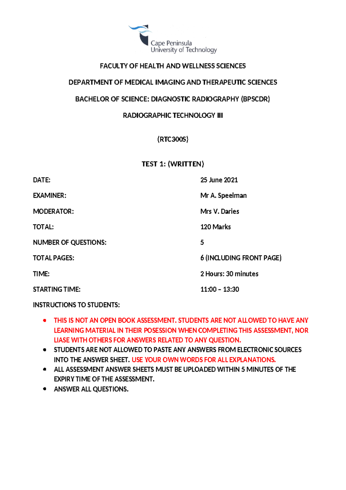 RAD Technology RTC300S TEST 1 - 25 June 2021 Details and Guidelines ...