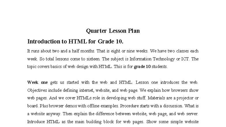 Quarter Lesson Plan: Intro to HTML for Grade 10 (ICT) - Studocu