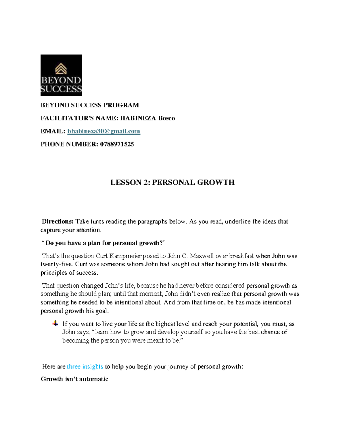 Beyond Success Program - BEYOND SUCCESS PROGRAM FACILITATOR'S NAME ...