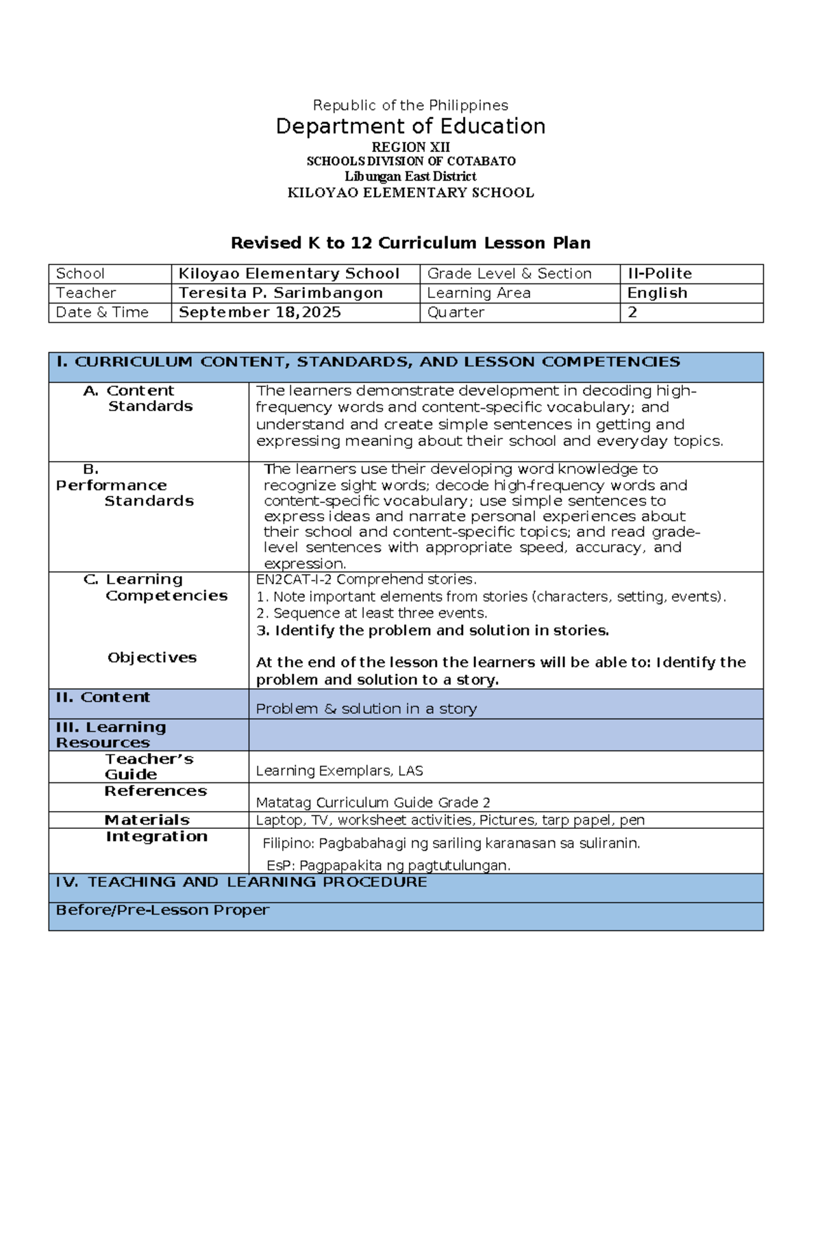 Q2 English 2 Lesson Plan: Identifying Problems & Solutions - Studocu