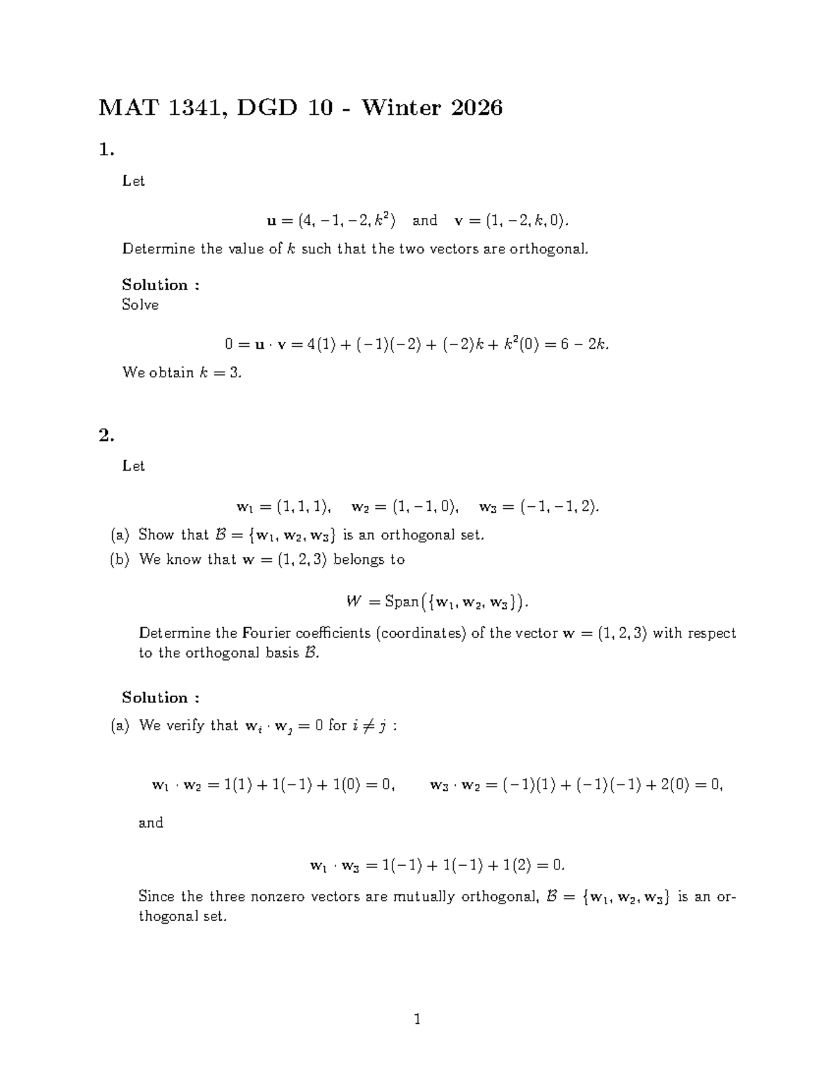 MAT 1341 DGD 10 Winter 2026 Solutions to Orthogonality Problems - Studocu