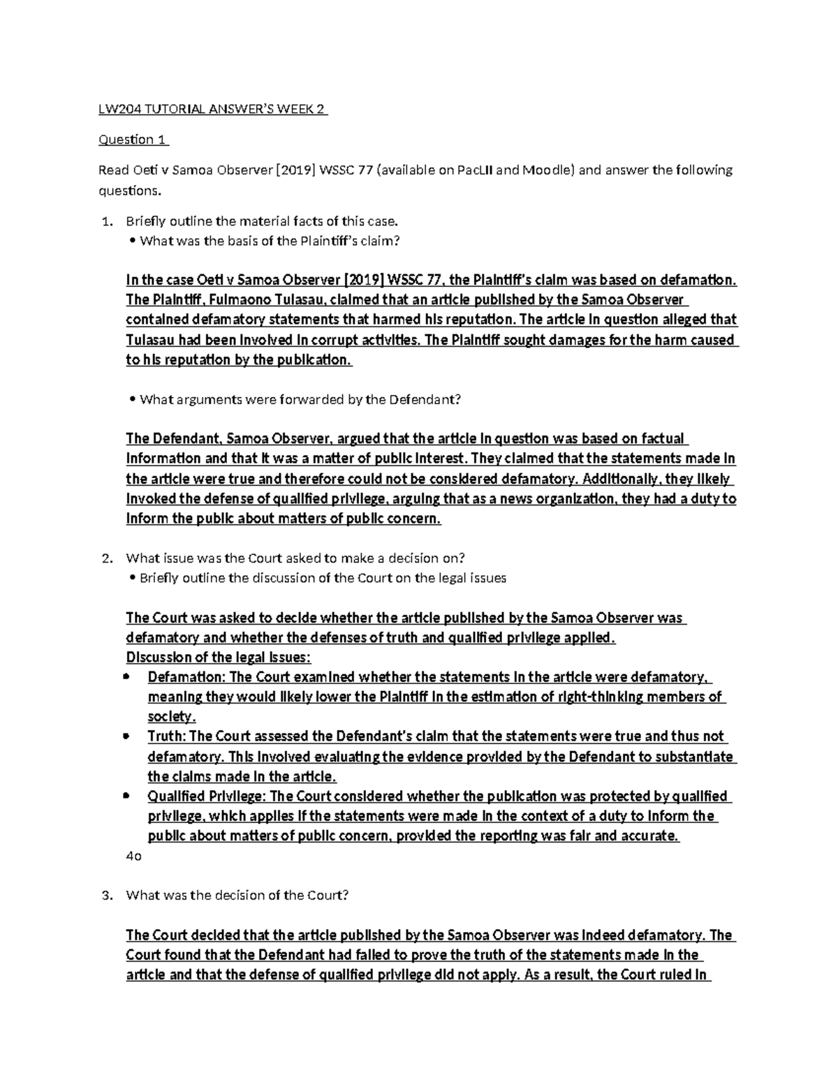 LW204 TUTORIAL WEEK 2: Case Analysis of Oeti v Samoa Observer WSSC 77 ...