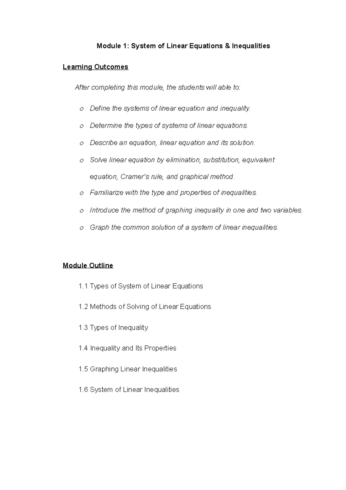 Module 1: Systems of Linear Equations & Inequalities Overview - Studocu