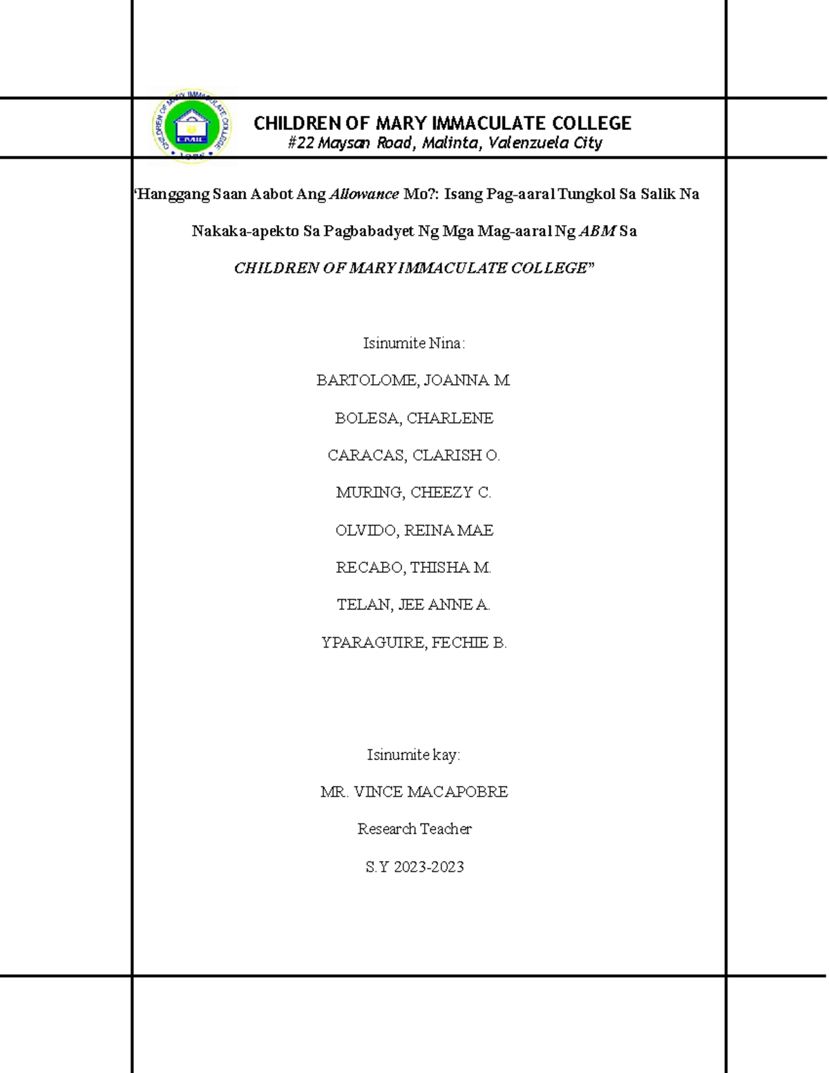 Pagsusuri sa Pagbabadyet ng mga Mag-aaral ng ABM sa CMIC: Kabanata 1 - Document Preview