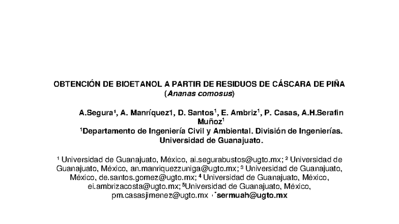 OBTENCIÓN DE BIOETANOL A PARTIR DE CÁSCARA DE PIÑA - OBT 2023 - Studocu