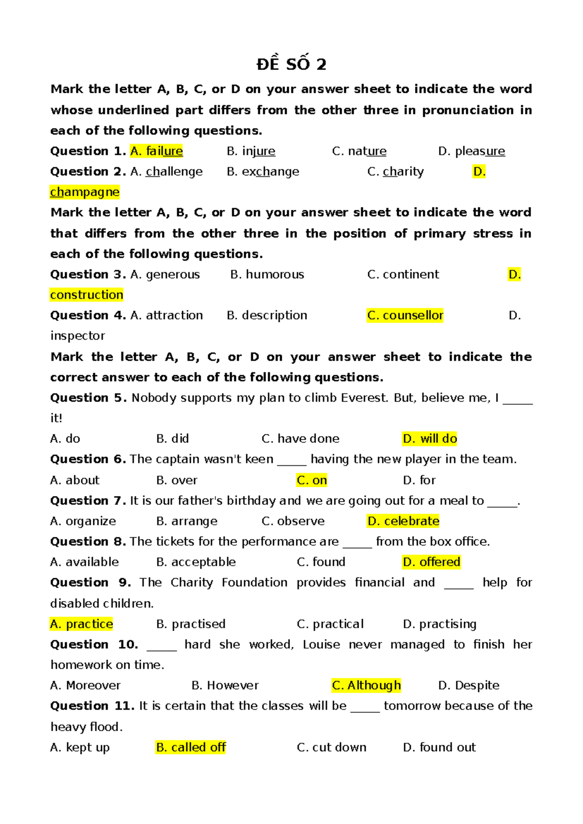 ĐỀ SỐ 2 - Practice Questions for Pronunciation and Stress - Studocu