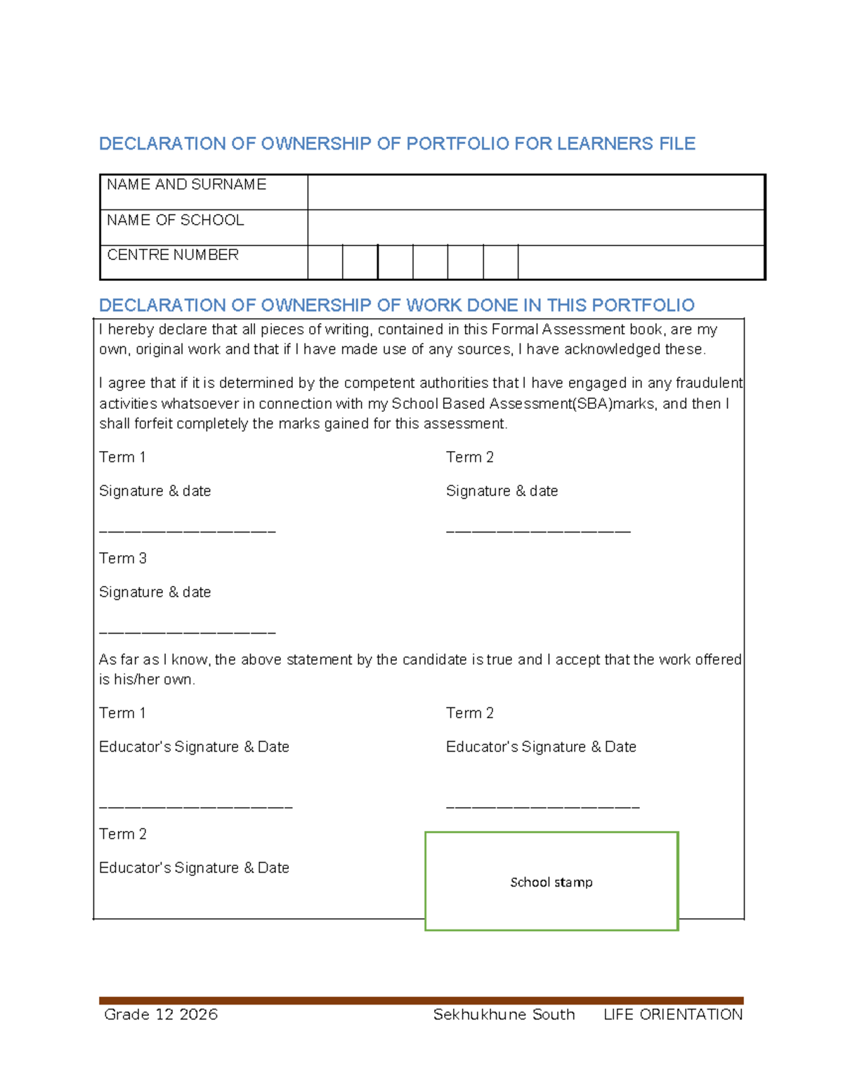 Grade 12 2026 Life Orientation Portfolio Declaration and Assessment ...