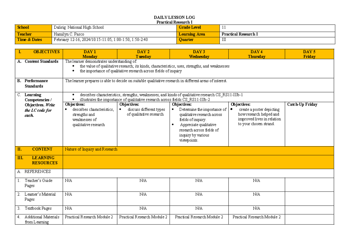 WEEK 2 - DLP: Daily Lesson Log for Practical Research I (Grade 11 ...