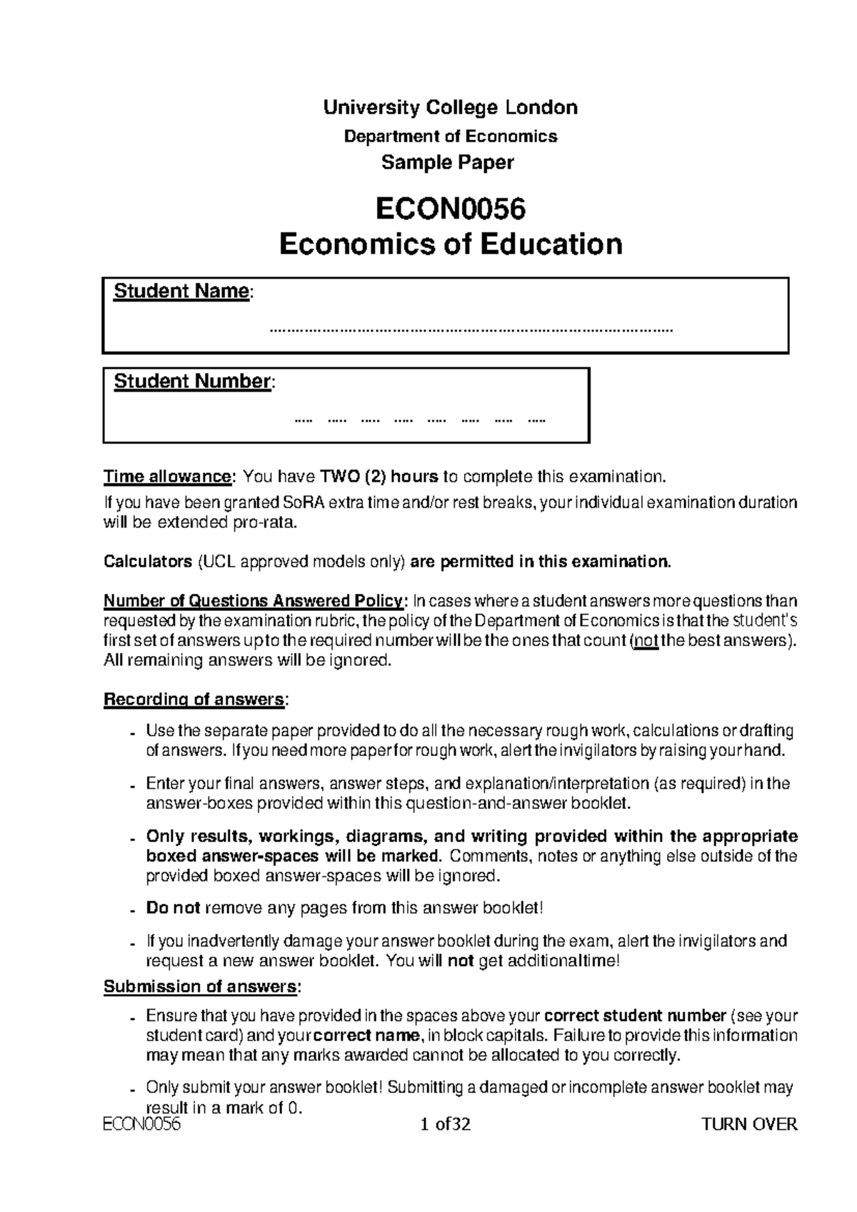 Sample Paper for ECON0056: Economics of Education Exam Guide - Studocu