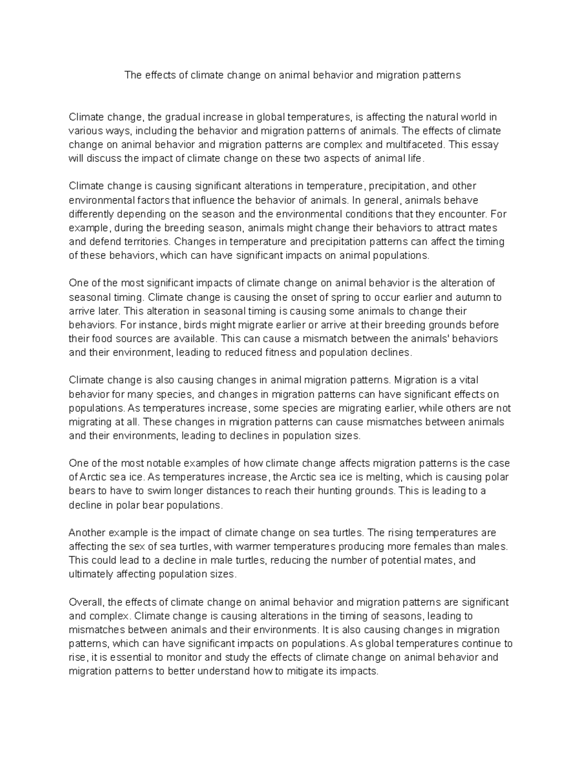 Climate Change Impacts on Animal Behavior & Migration Patterns - Studocu