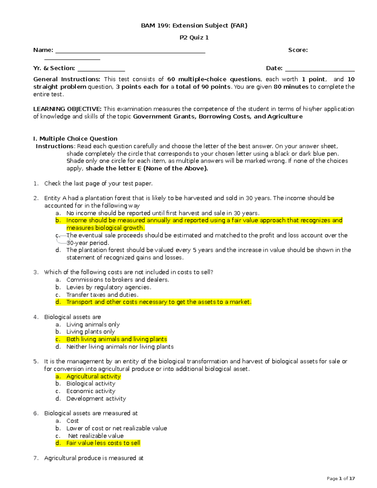 BAM 199: P2 Quiz 1 Key Answers on Government Grants & Agriculture - Studocu