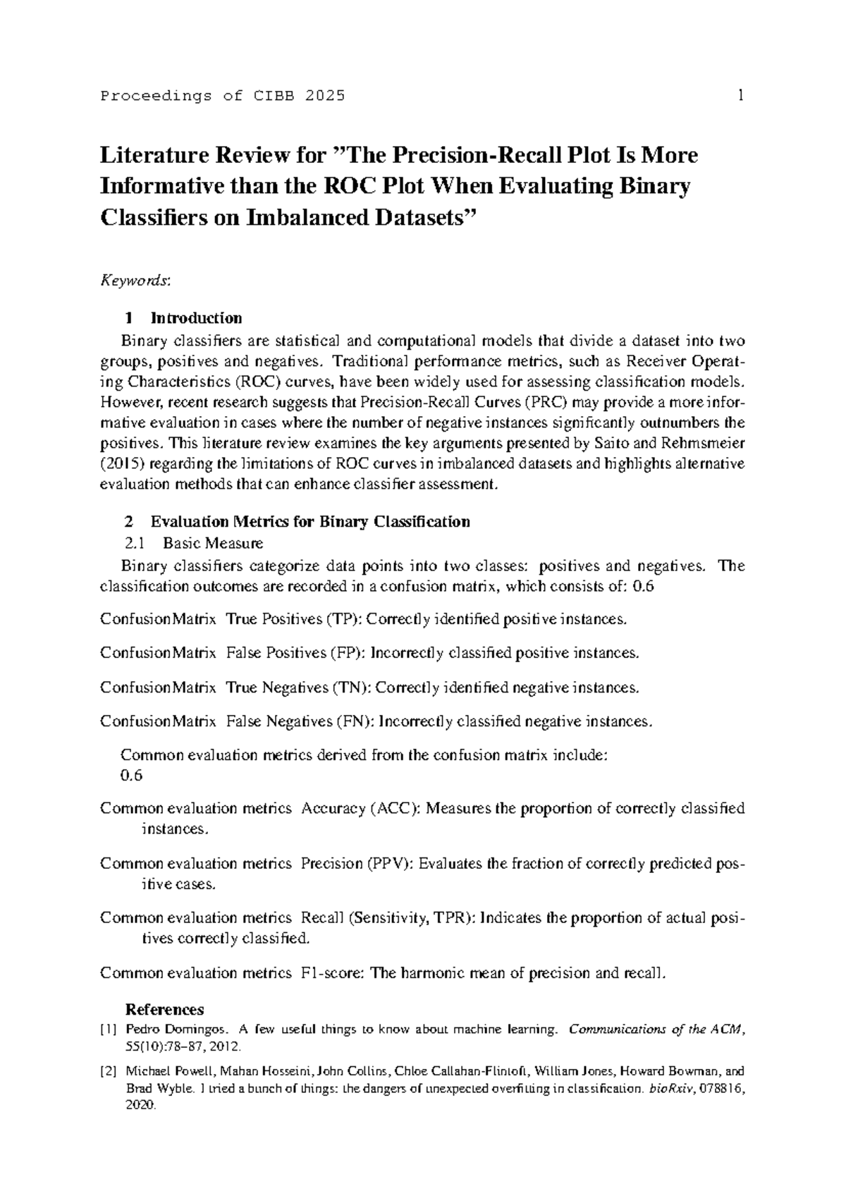 Literature review on binary classifiers: ROC vs PRC evaluation methods ...