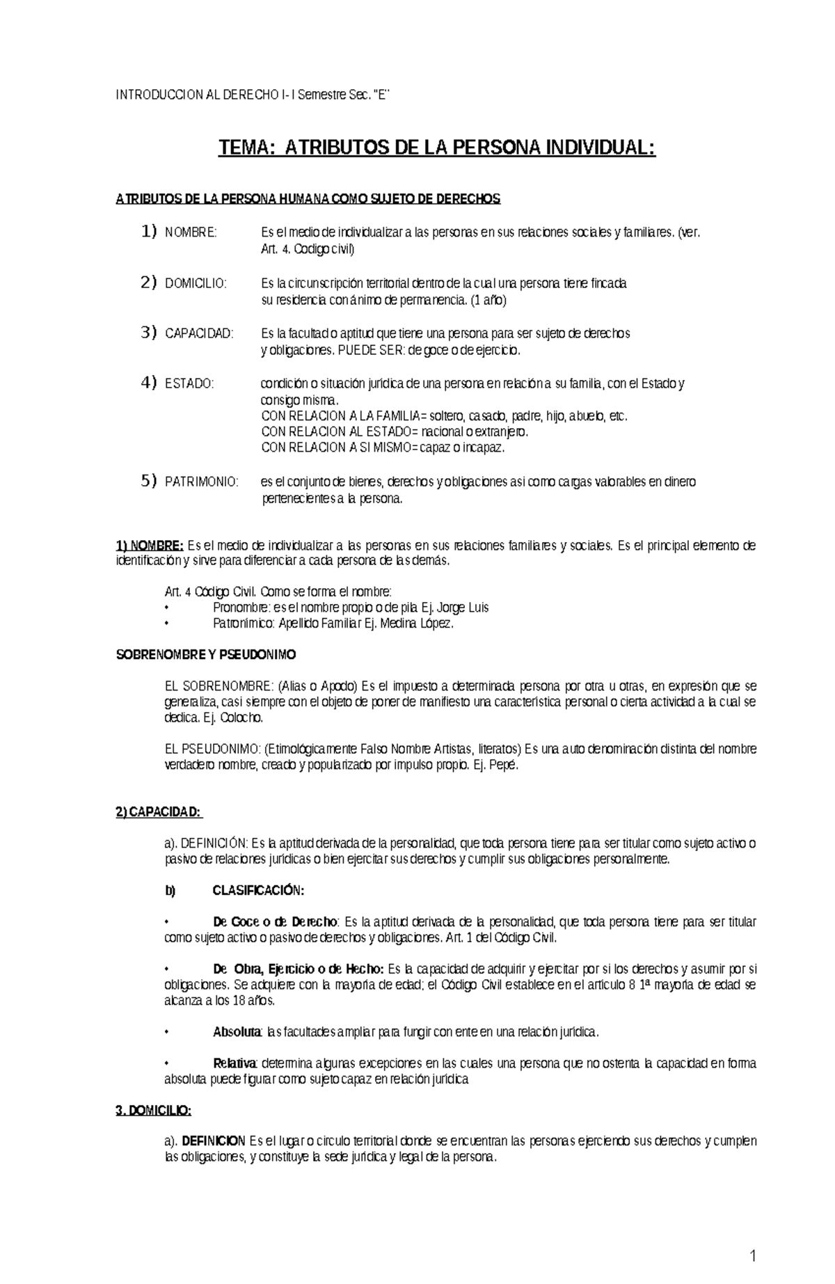 Atributos de la Persona Individual en Derecho I - Semestre 1 - Studocu