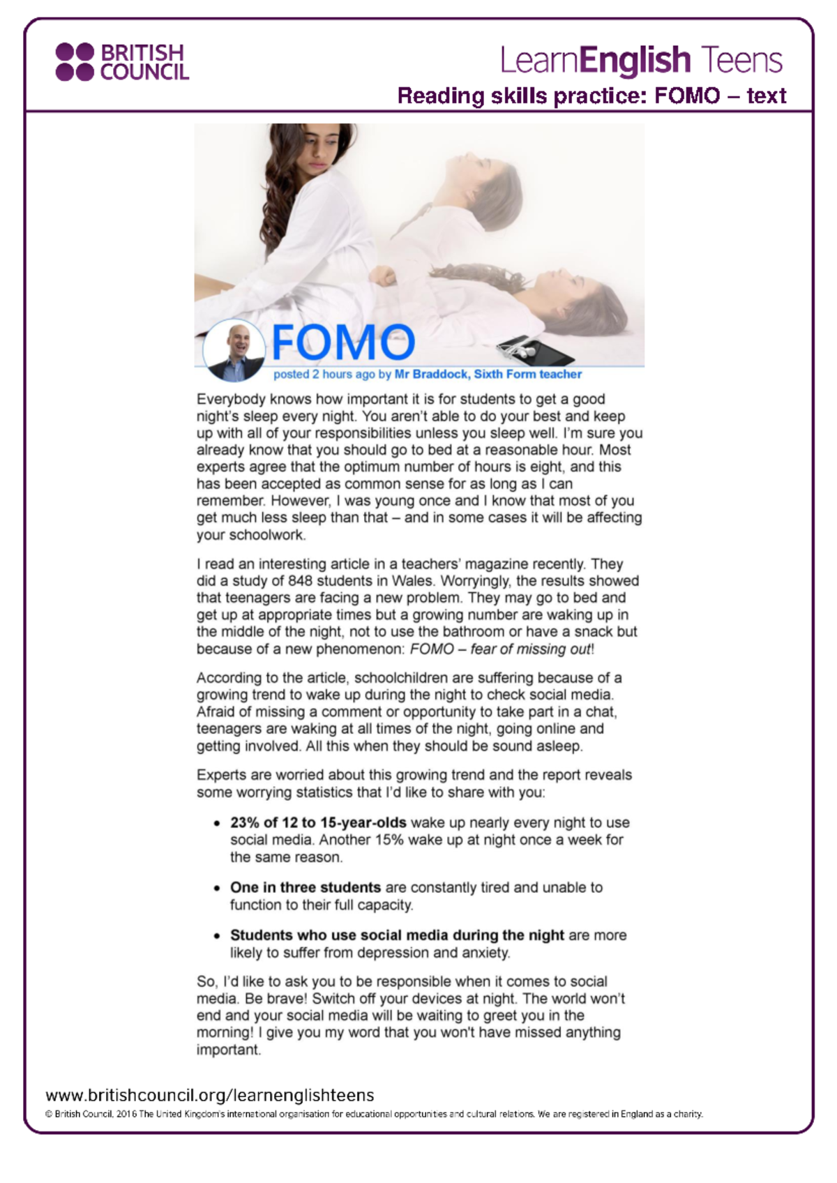 BRITISH COUNCIL LearnEnglish Teens: FOMO Reading Practice Text - Studocu