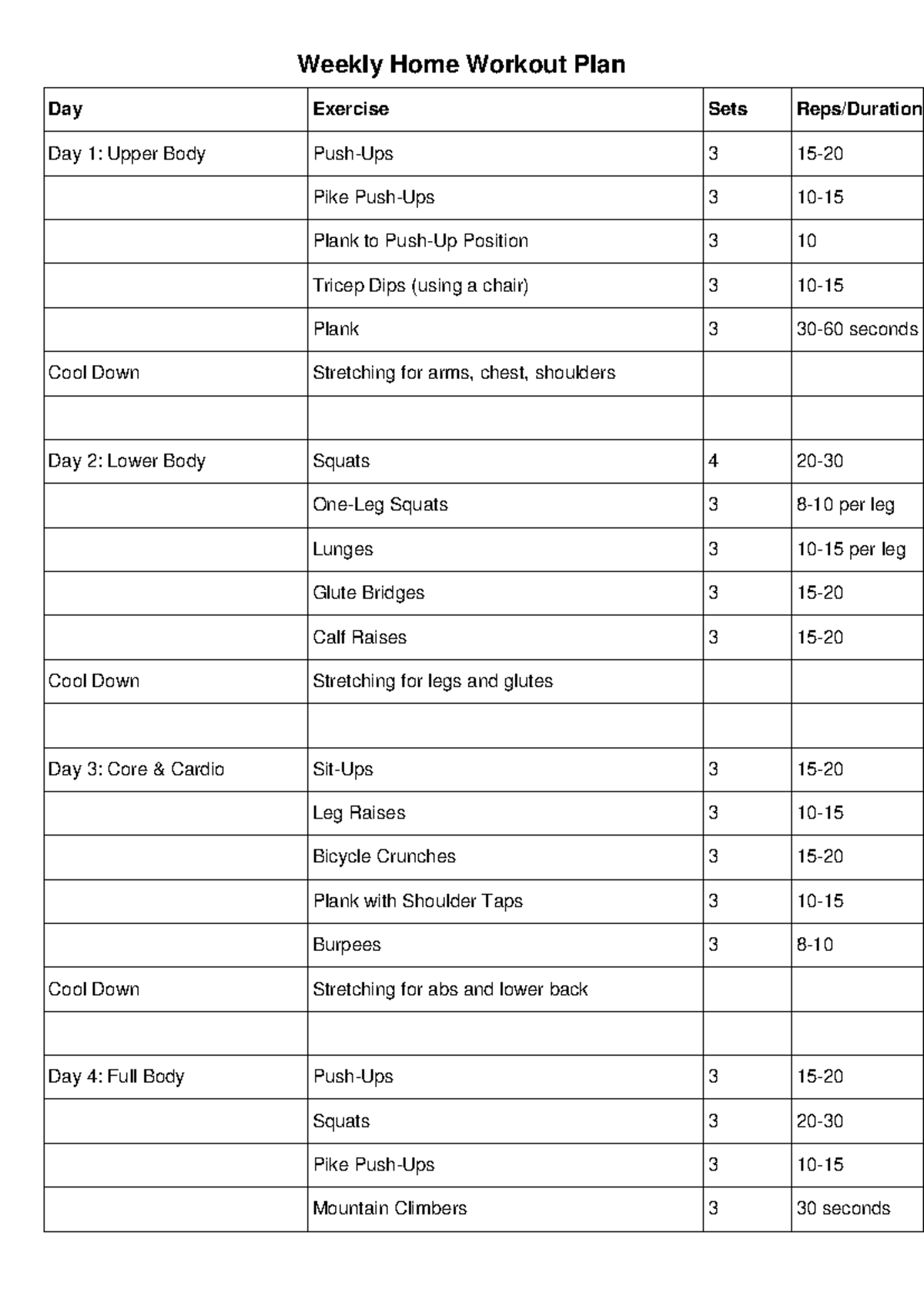 Weekly Home Workout Plan: 4-Day Routine for Strength & Cardio - Studocu