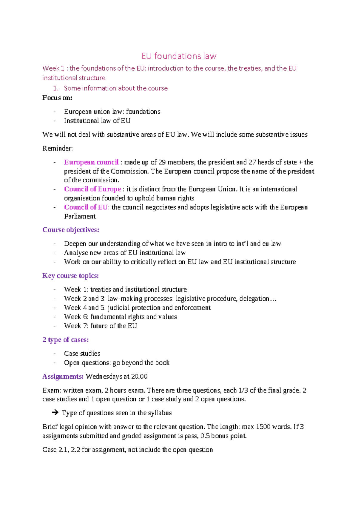 EU Foundations Law - Lecture Notes for Introduction to Institutional ...