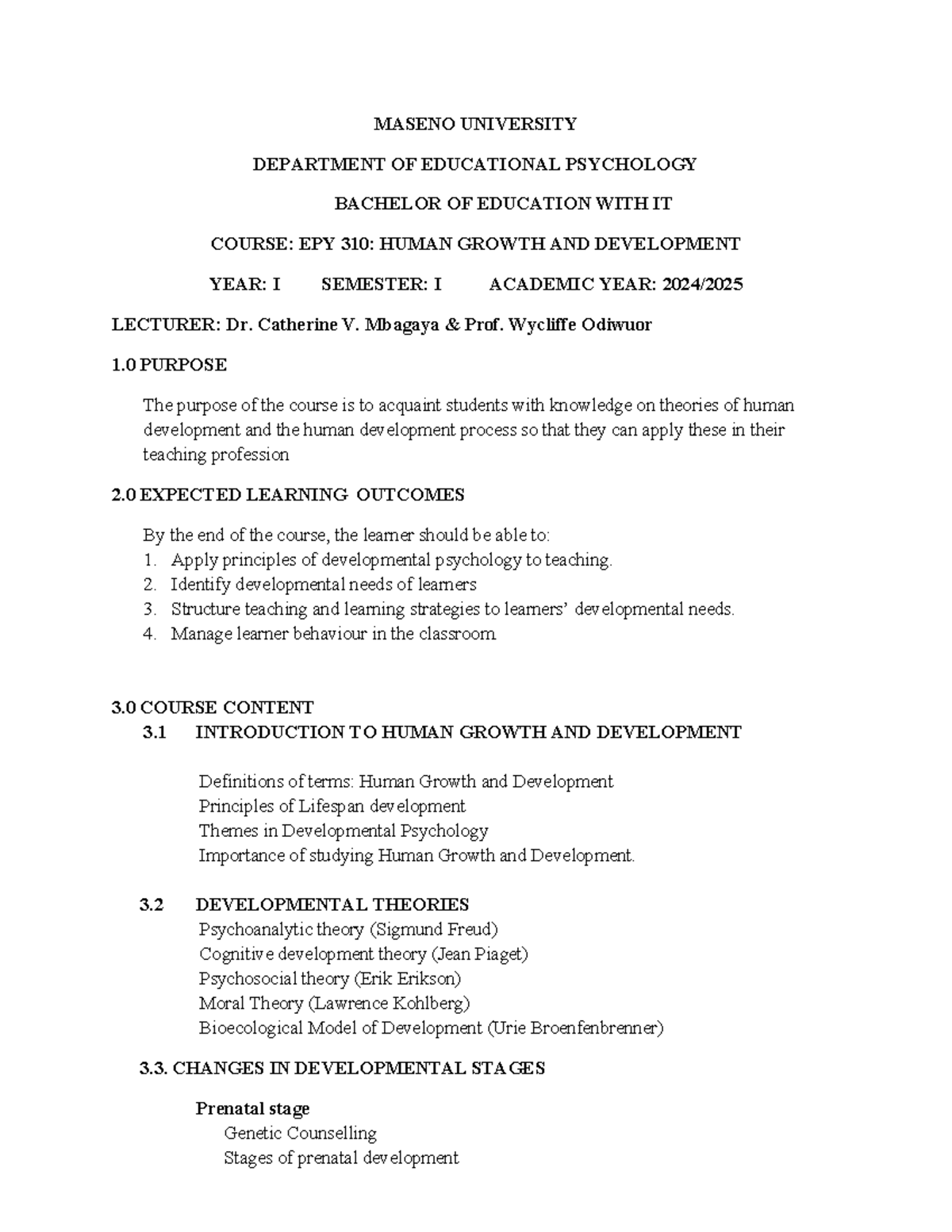 EPY 310 - Course Outline: Human Growth & Development (2024-2025) - Studocu