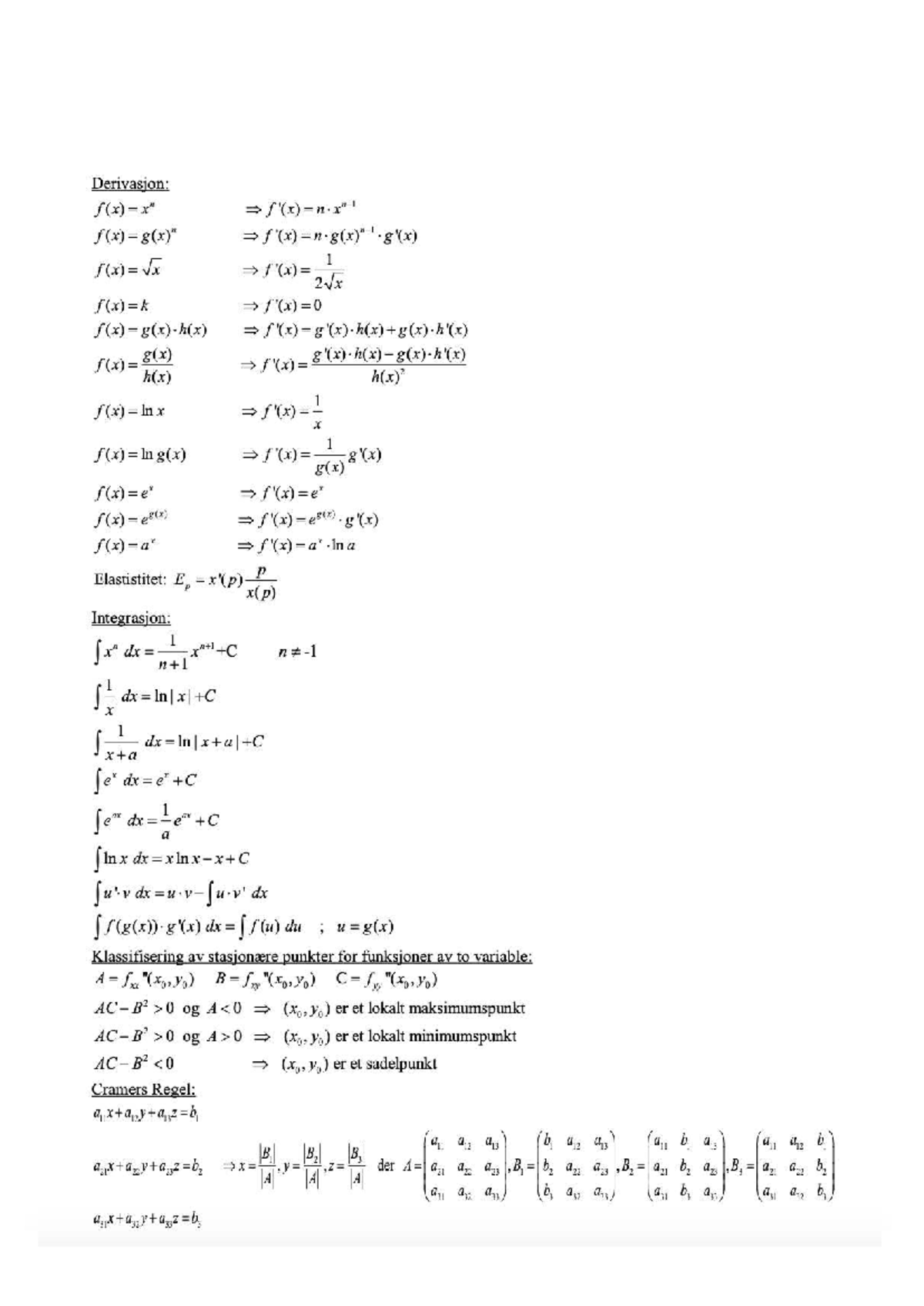Matematikk Notater: Derivasjon, Integrasjon og Cramers Regel - Studocu