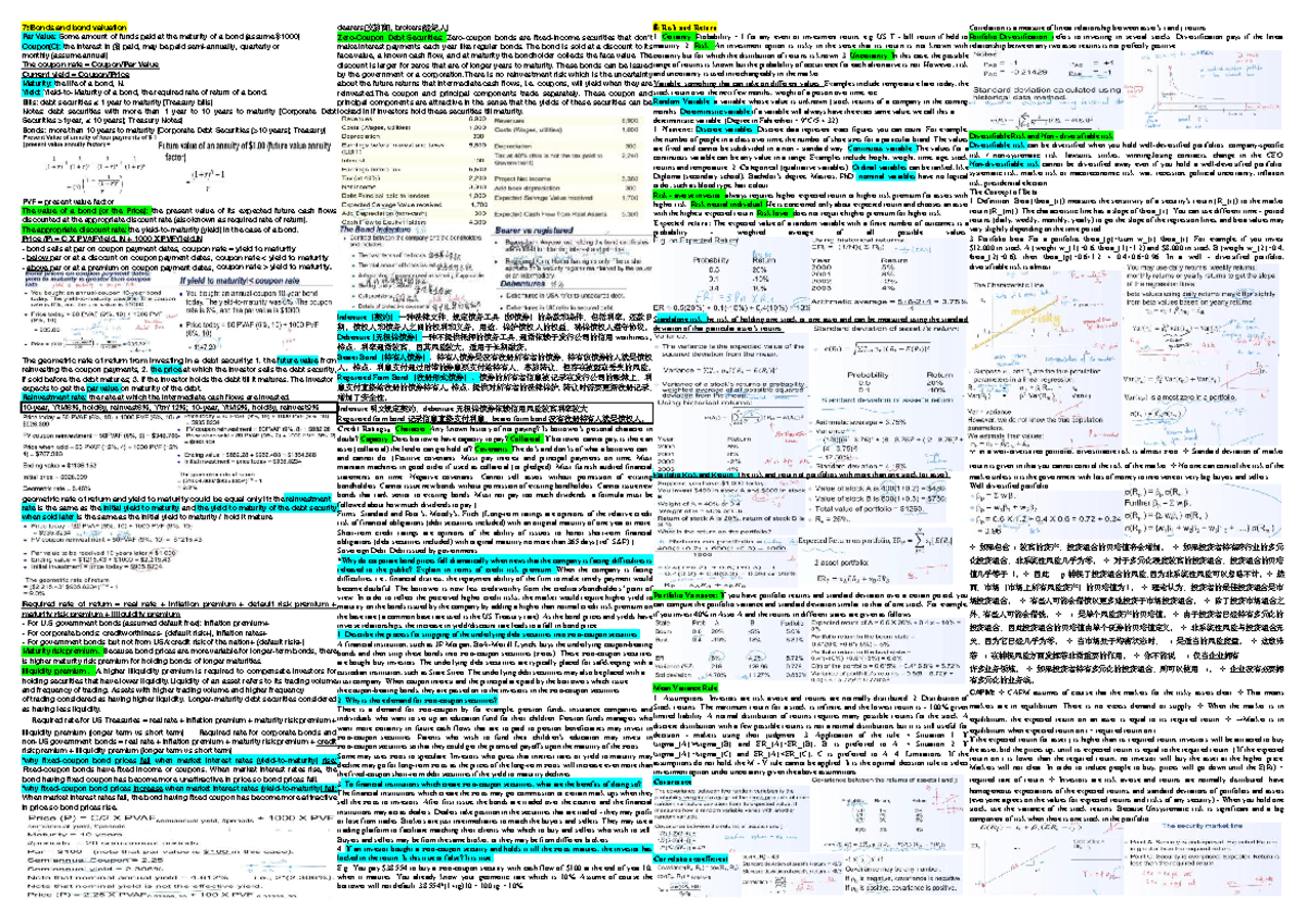 Cheat Sheet - Final Exam: Risk and Return Analysis in Bonds and ...