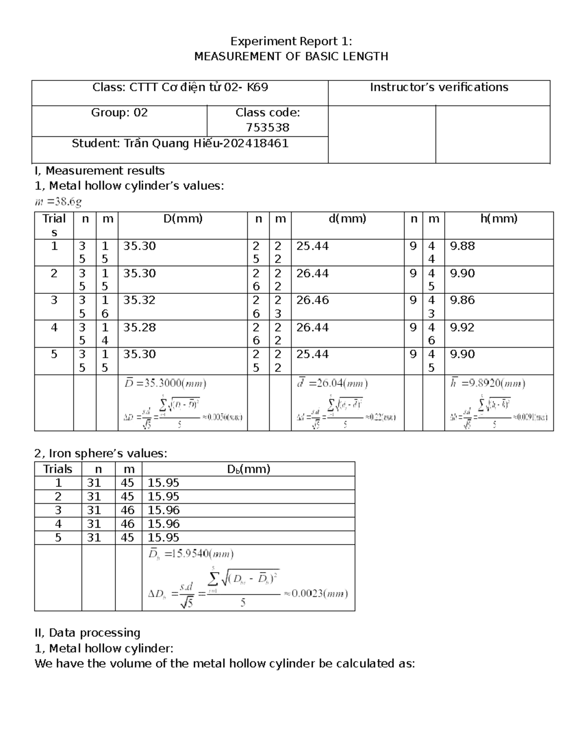 Experiment Report 1: Measurement of Basic Length - Cơ điện tử K69 - Studocu
