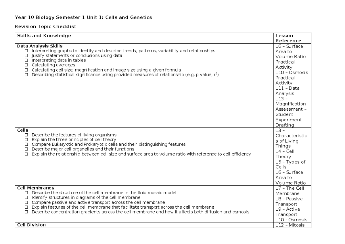 Year 10 Biology Sem 1: Cells & Genetics Revision Checklist - Studocu