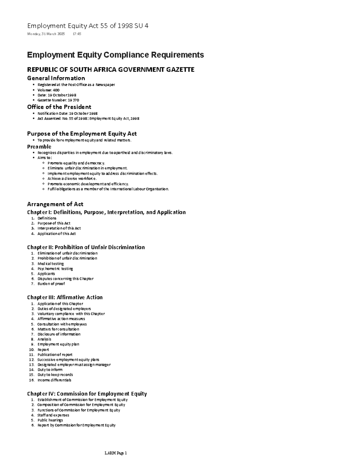 Employment Equity Act 55 of 1998 Summary & Compliance Notes SU 4 - Studocu