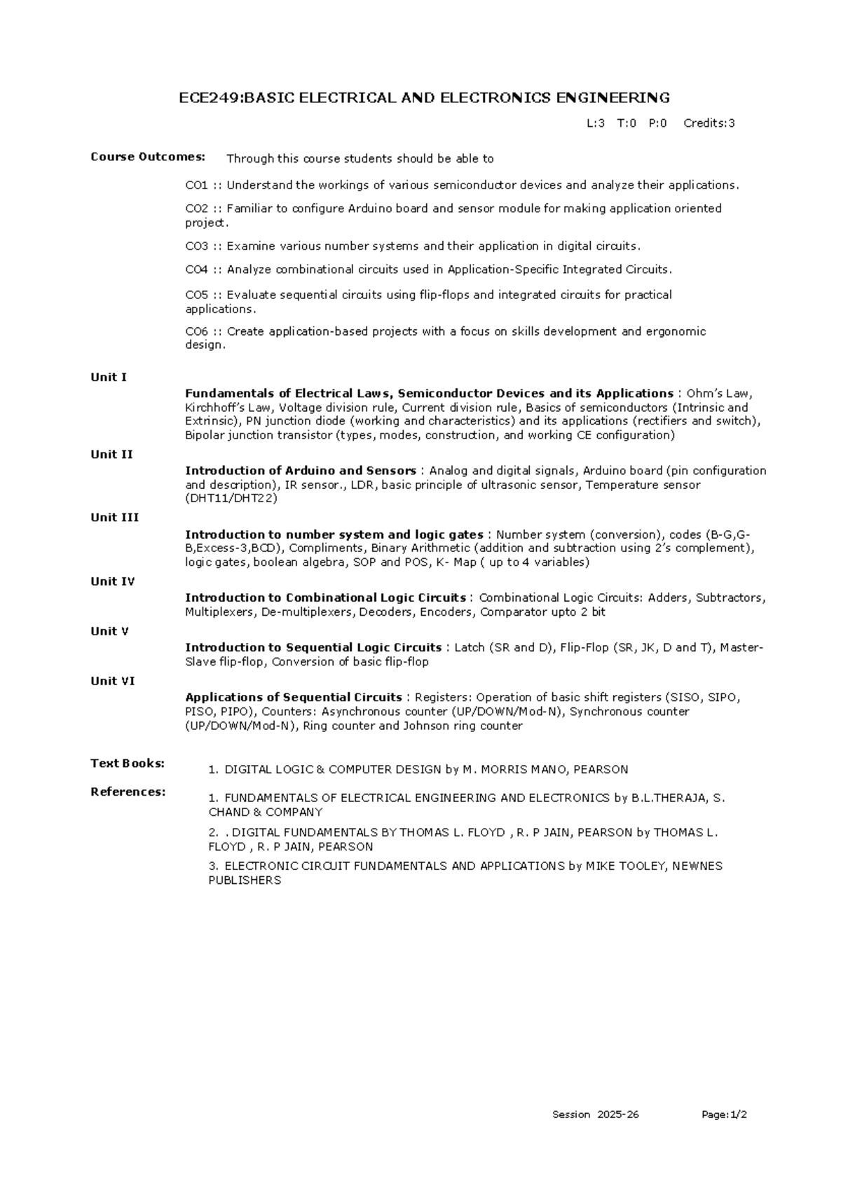 ECE249: Basic Electrical & Electronics Engineering Syllabus - Studocu