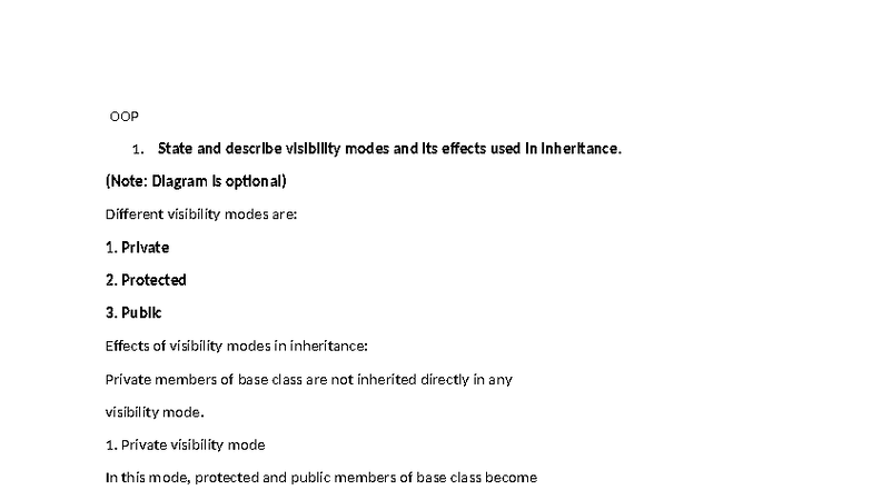 OOP 1: Visibility Modes in Inheritance and Related Concepts - Studocu