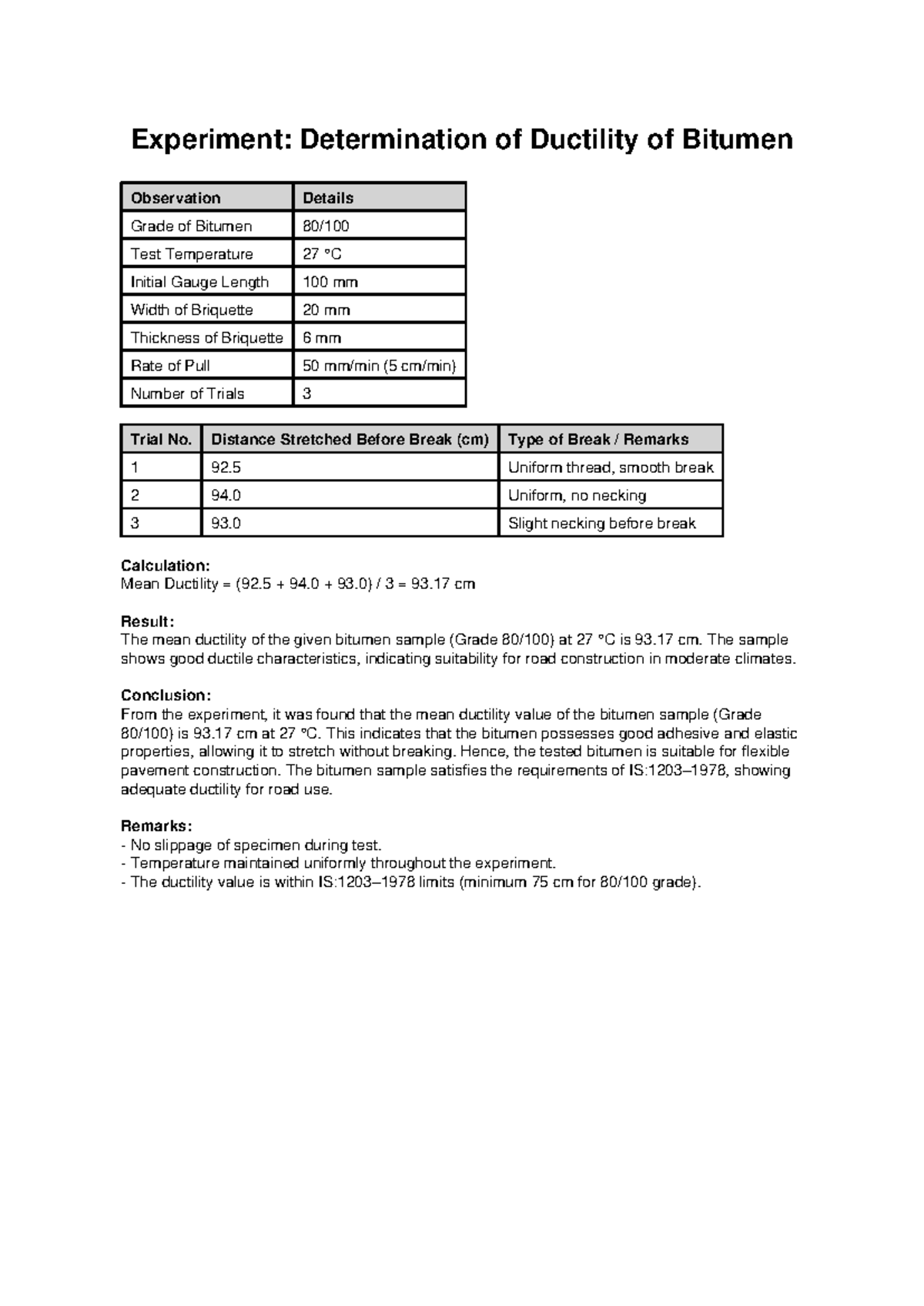 Ductility Test of Bitumen: Experiment Observations & Results - Studocu