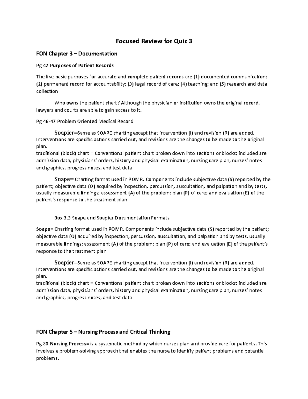 Focused Review for FON Quiz 3: Patient Records & Nursing Process - Studocu