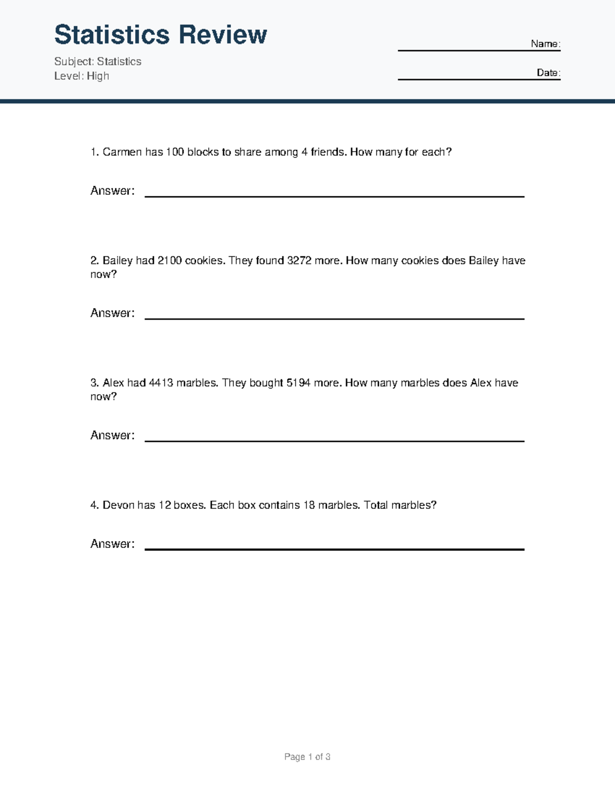 Statistics Review 3 - High Level Statistics Practice Questions - Studocu