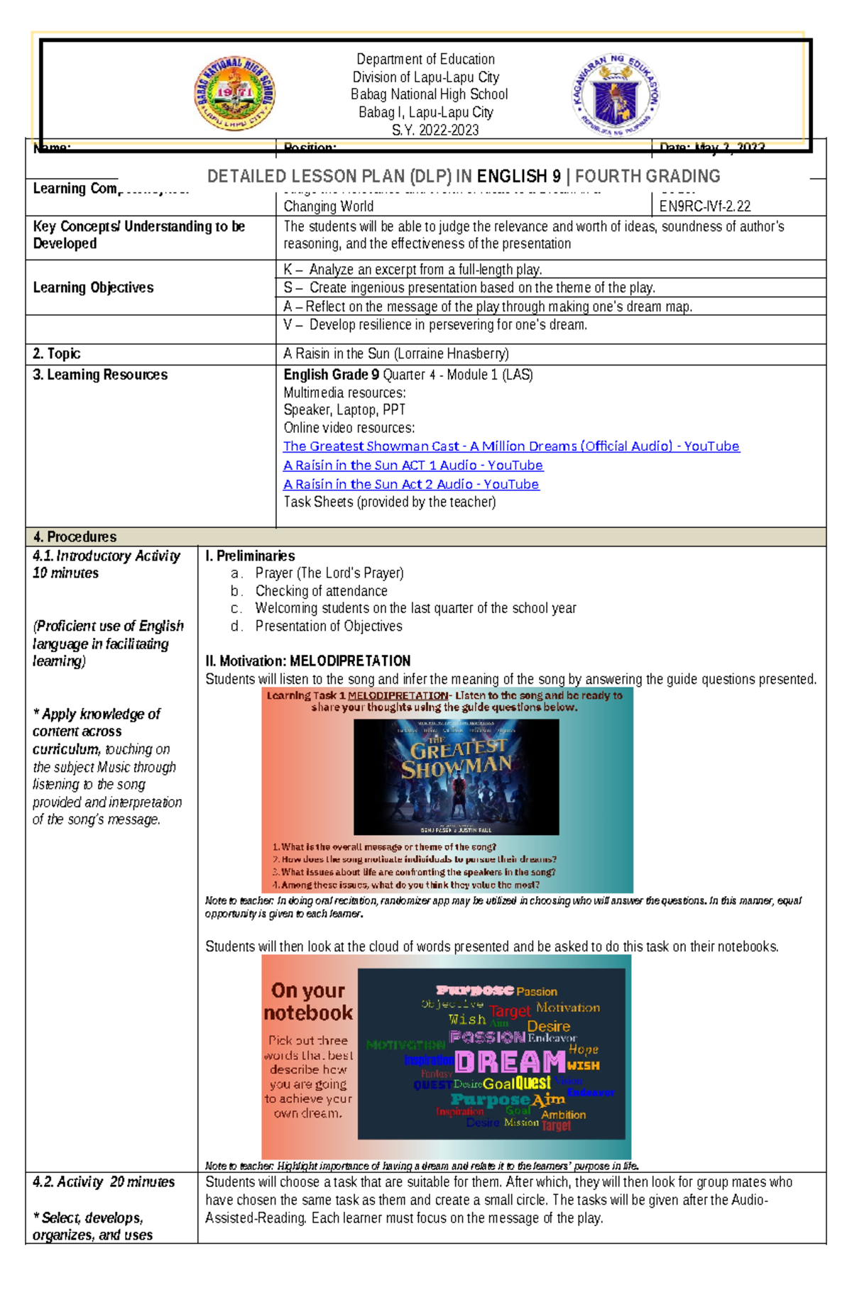 DLP EN9RC-IVf-2: Lesson Plan on 'A Raisin in the Sun' Analysis - Studocu