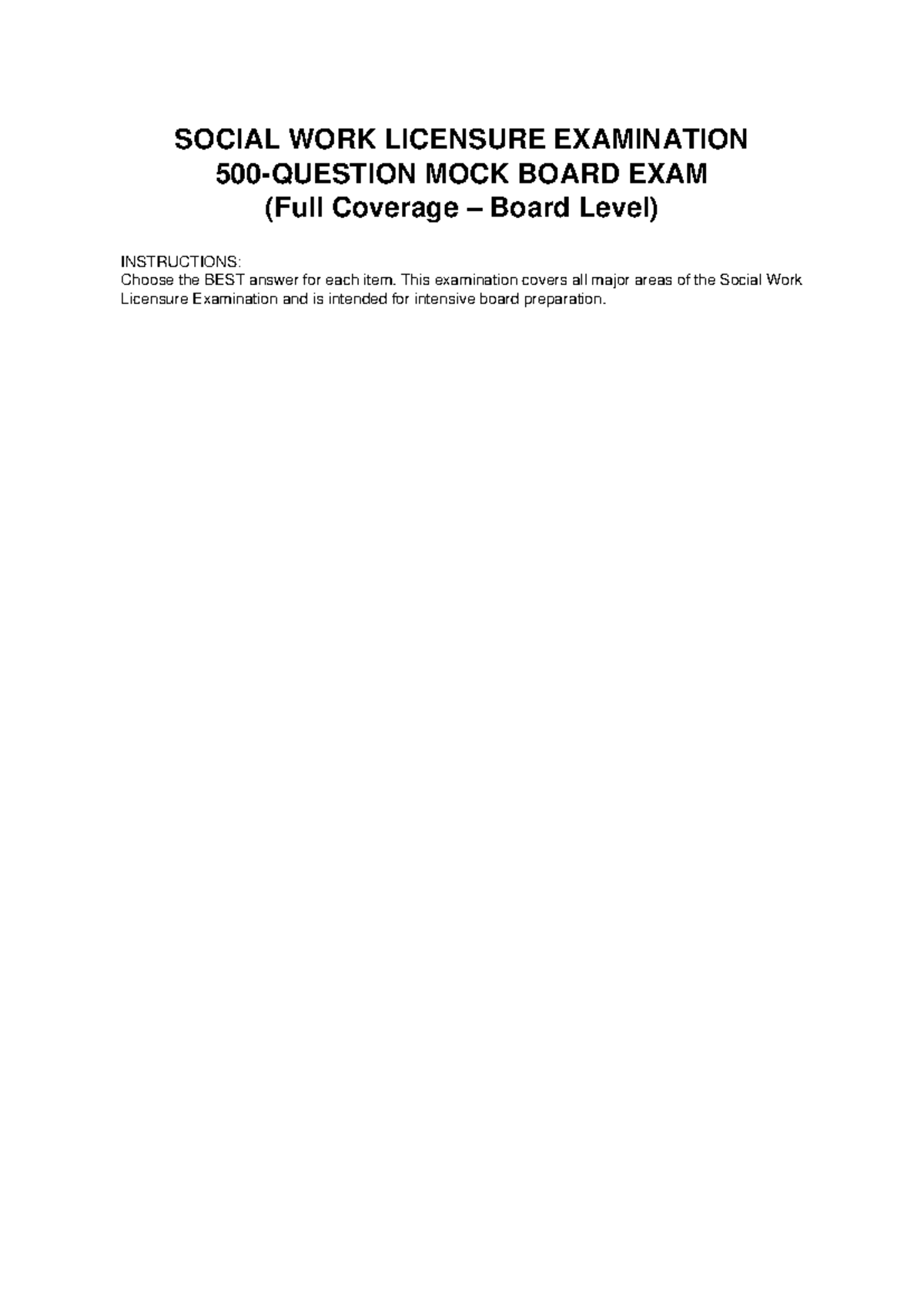 SWLE 500Q Mock Board Exam: Social Work Licensure Prep - Studocu