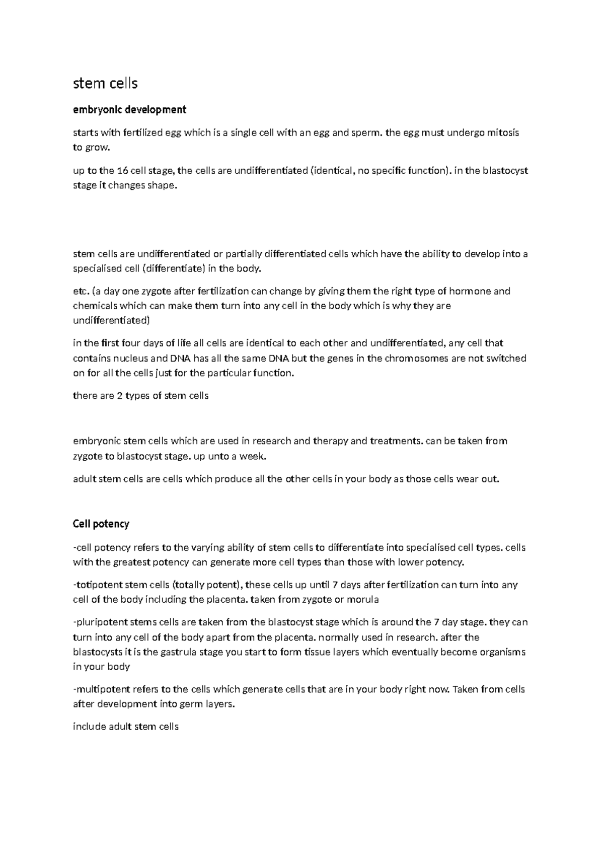 Stem cells Notes - stem cells embryonic development starts with ...