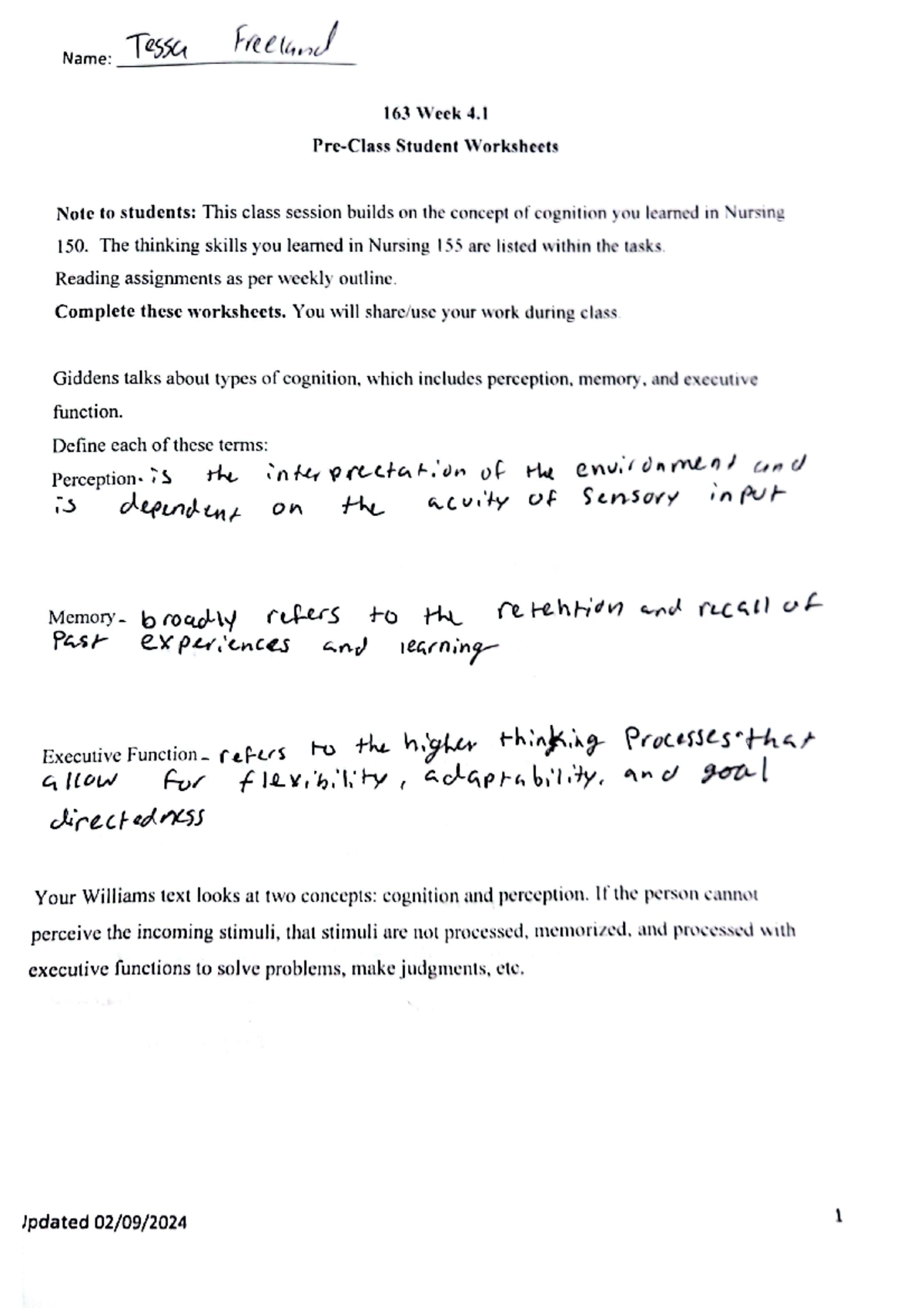 NUR 163: Week 4.1 Student Worksheets on Cognition and Communication ...