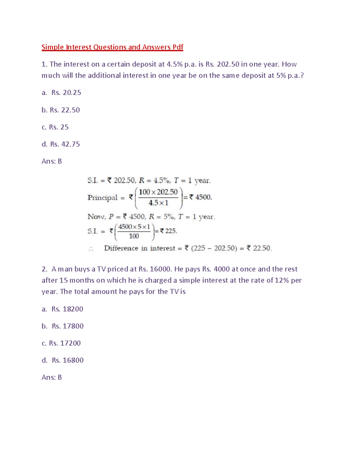 Simple Interest Q&A for Exam Preparation - Studocu