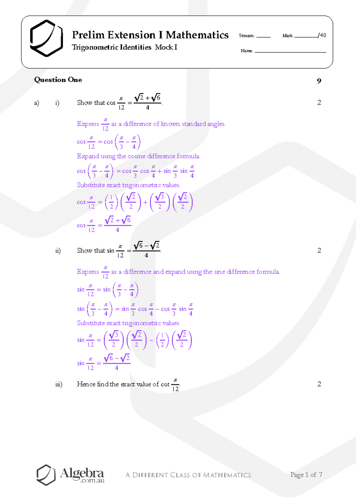 Yr 11 3U Mathematics Mock I: Trigonometric Identities Solutions - Studocu
