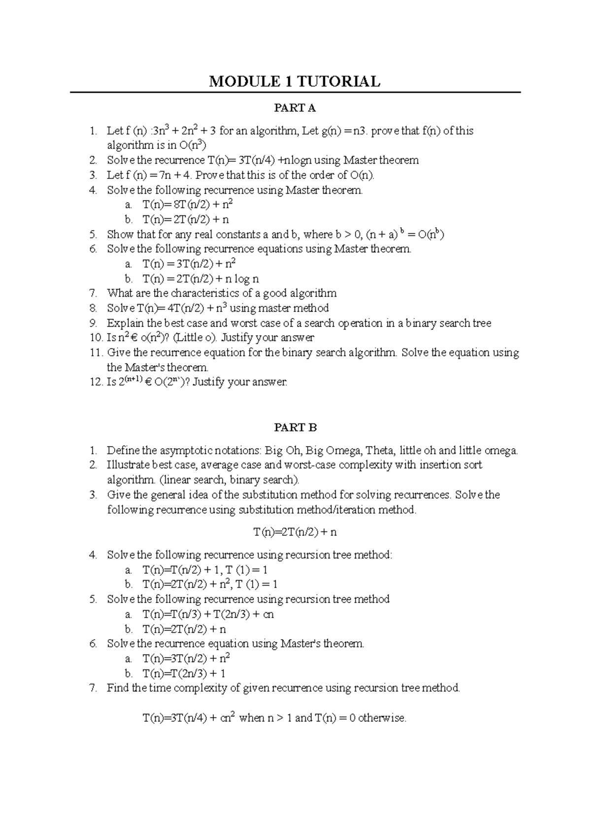 Module 1 Tutorial - AAD Notes on Algorithm Analysis and Recurrences ...