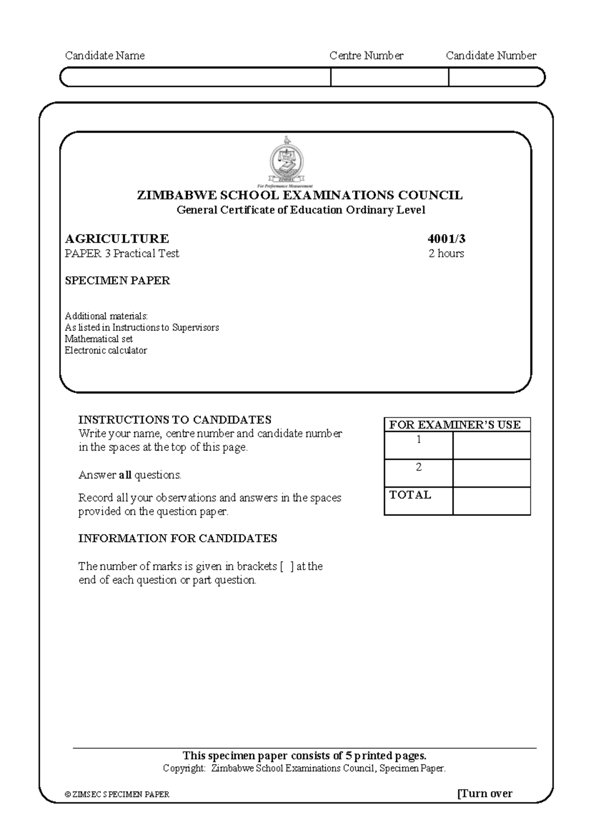 ZIMSEC O Level Agriculture Paper 3 Specimen Test Notes - Studocu