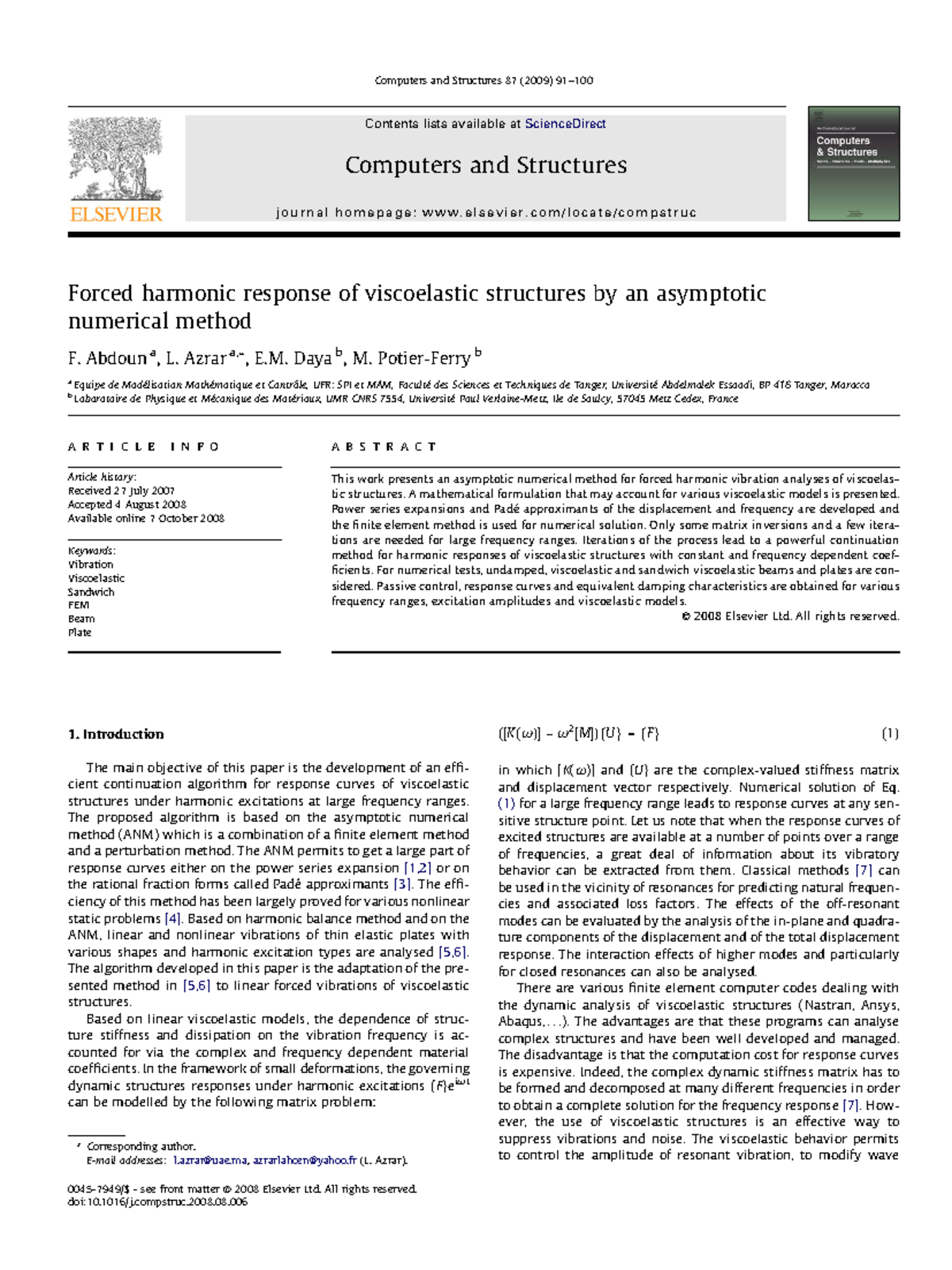 Forced Harmonic Response of Viscoelastic Structures: An Asymptotic ...