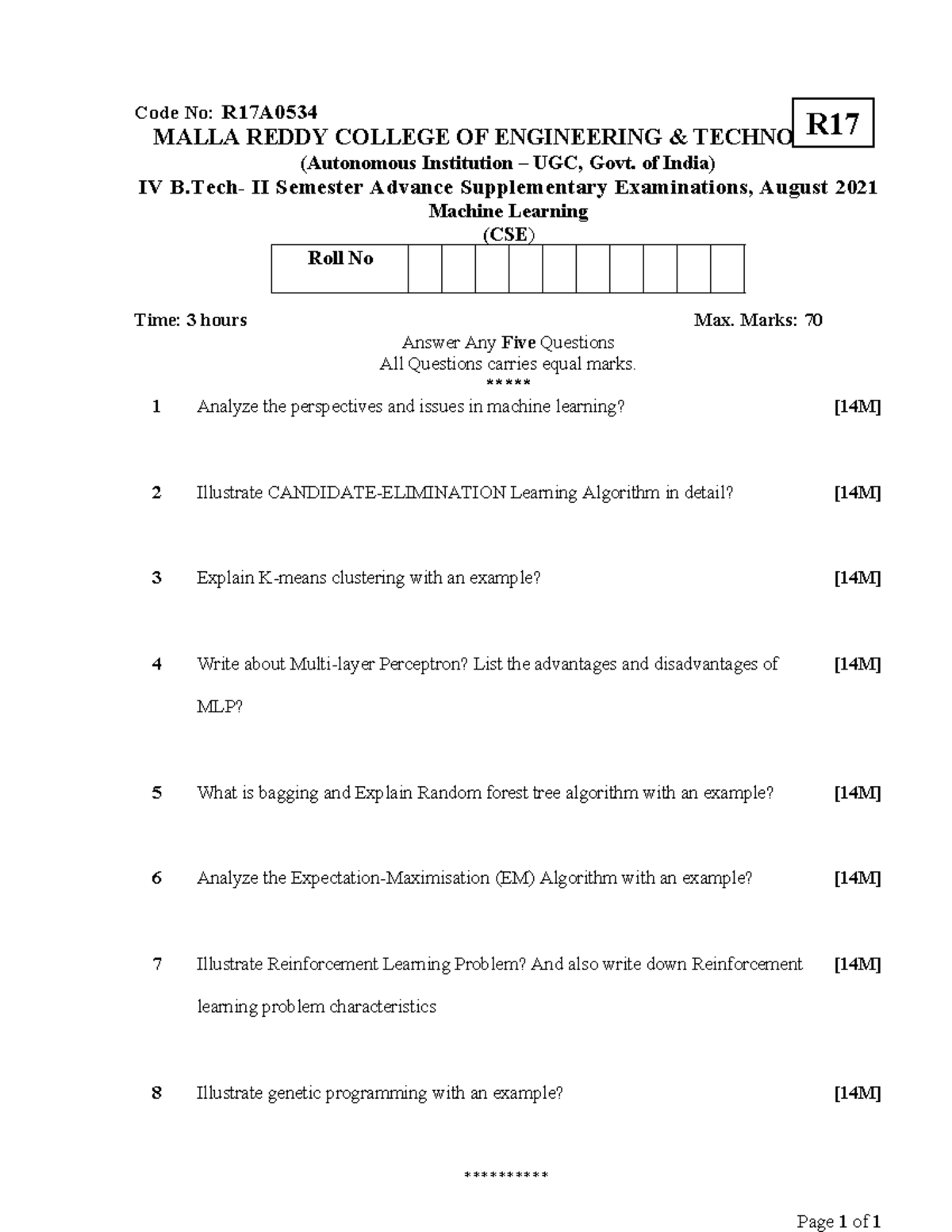4-2Machine Learning - ml study material - Code No: R17A MALLA REDDY ...