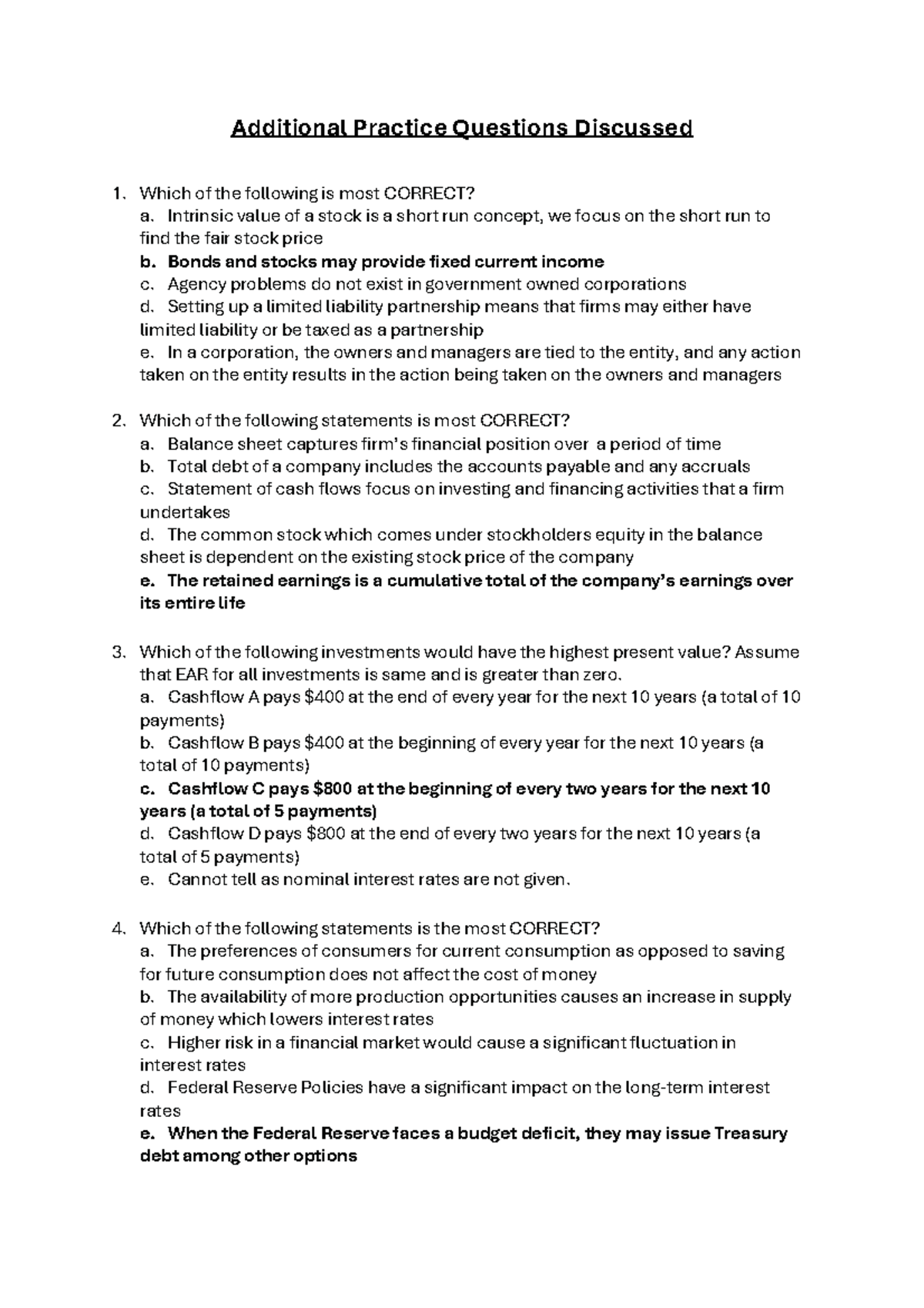 Practice Questions for Finance Exam Review (FIN 101) - Studocu