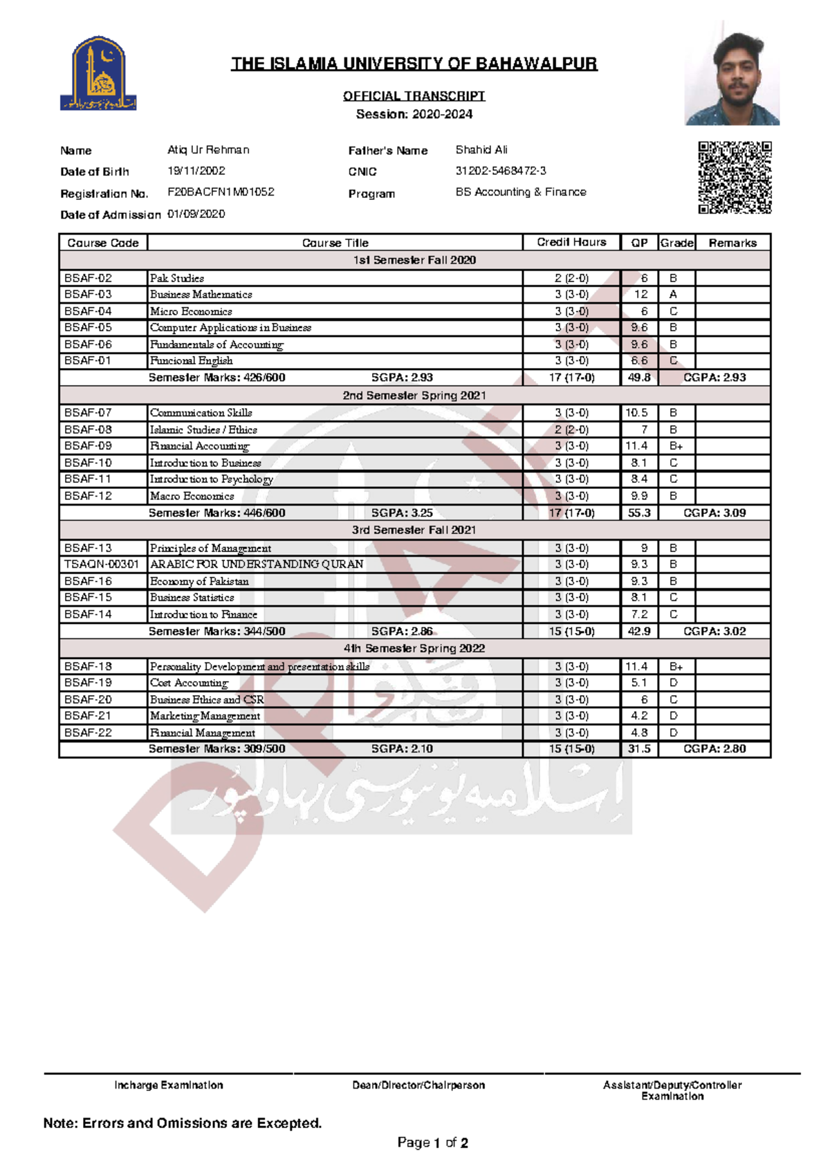 F20 BACFN Official Transcript for BS Accounting & Finance - Studocu