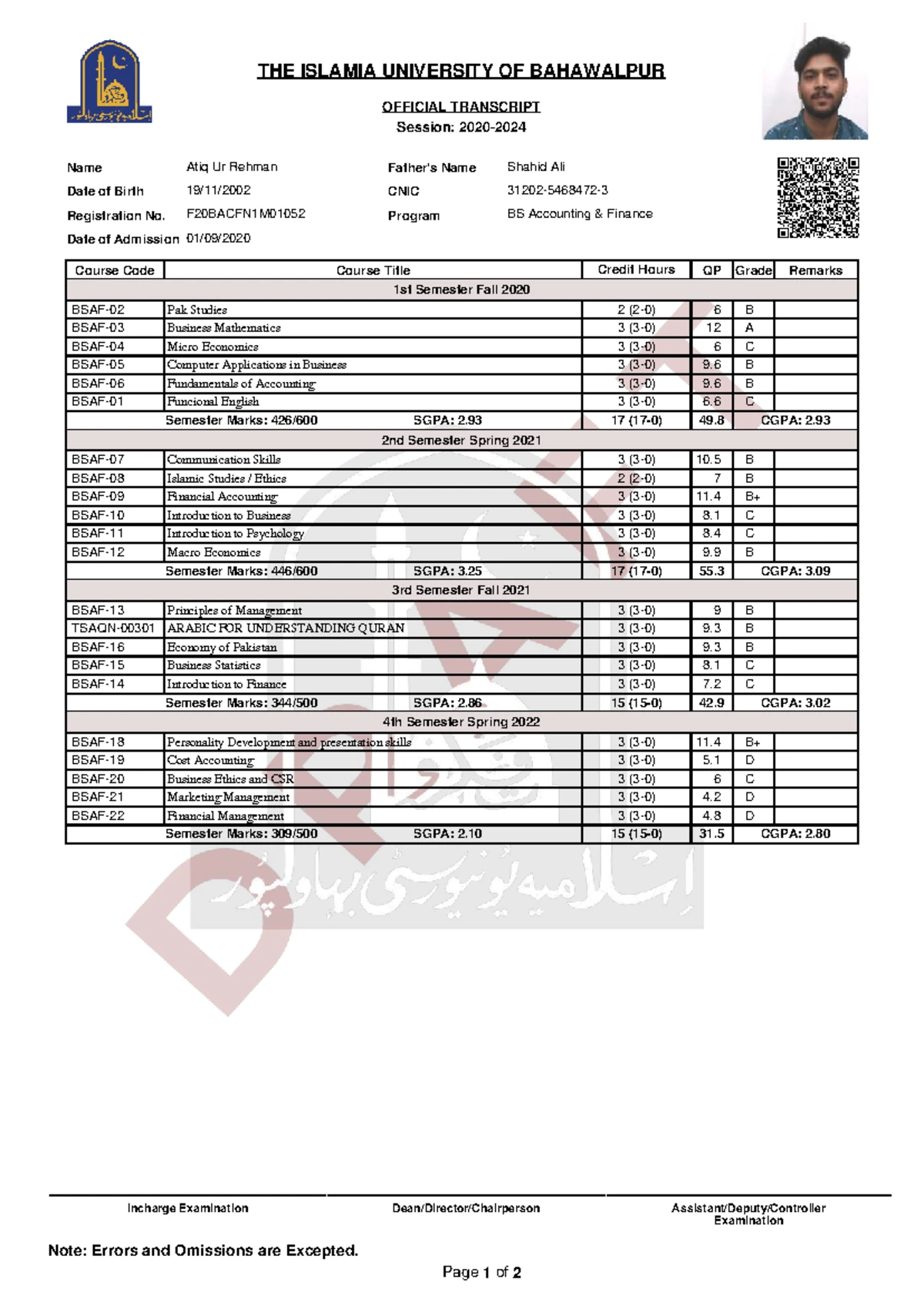 BS Accounting & Finance Transcript (Draft) - Fall 2020 to Spring 2022 ...