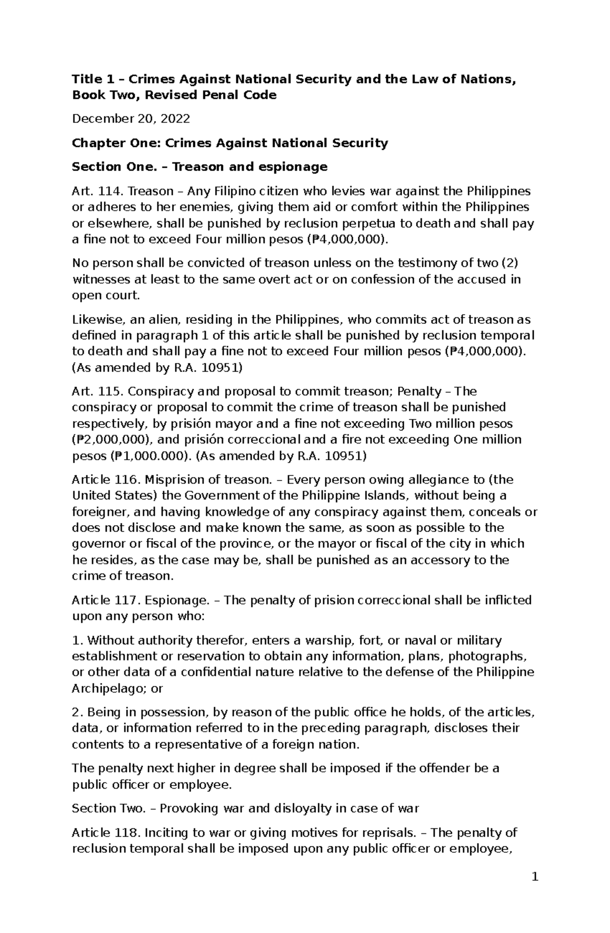 Revised Penal Code Book 2: Crimes Against National Security and Public ...
