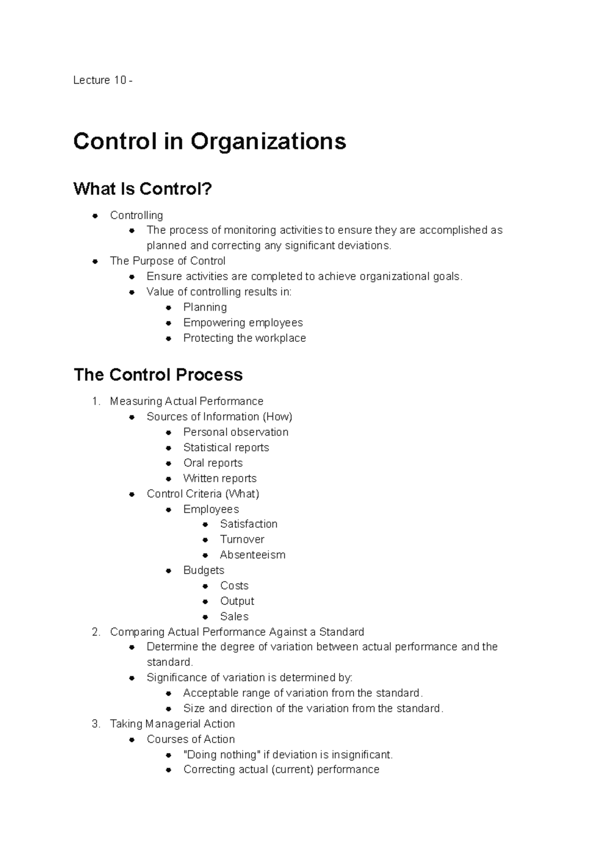 MGT Lecture 10: Control in Organizations - Understanding and ...